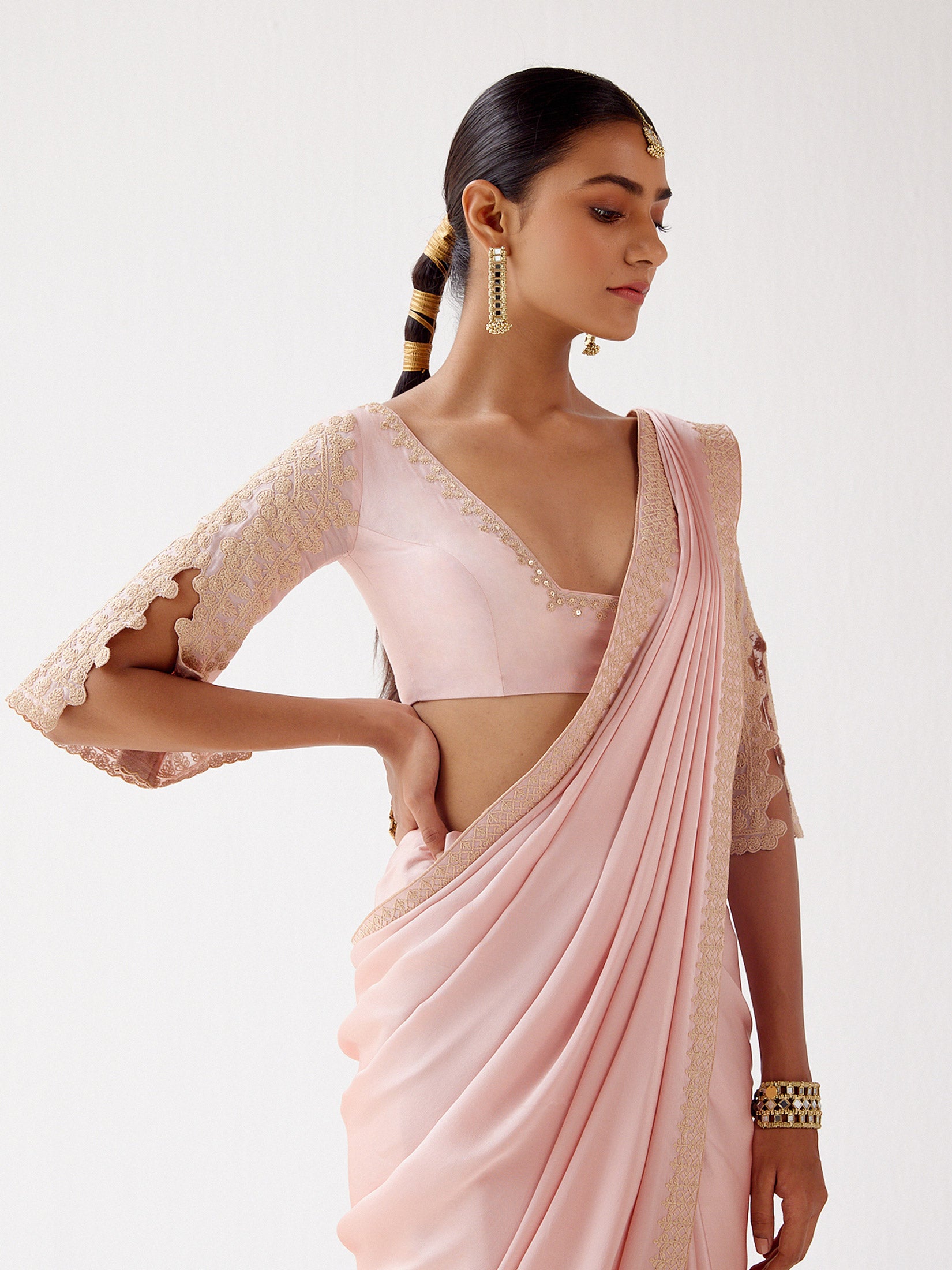 Blush Pink Embroidered Satin Saree