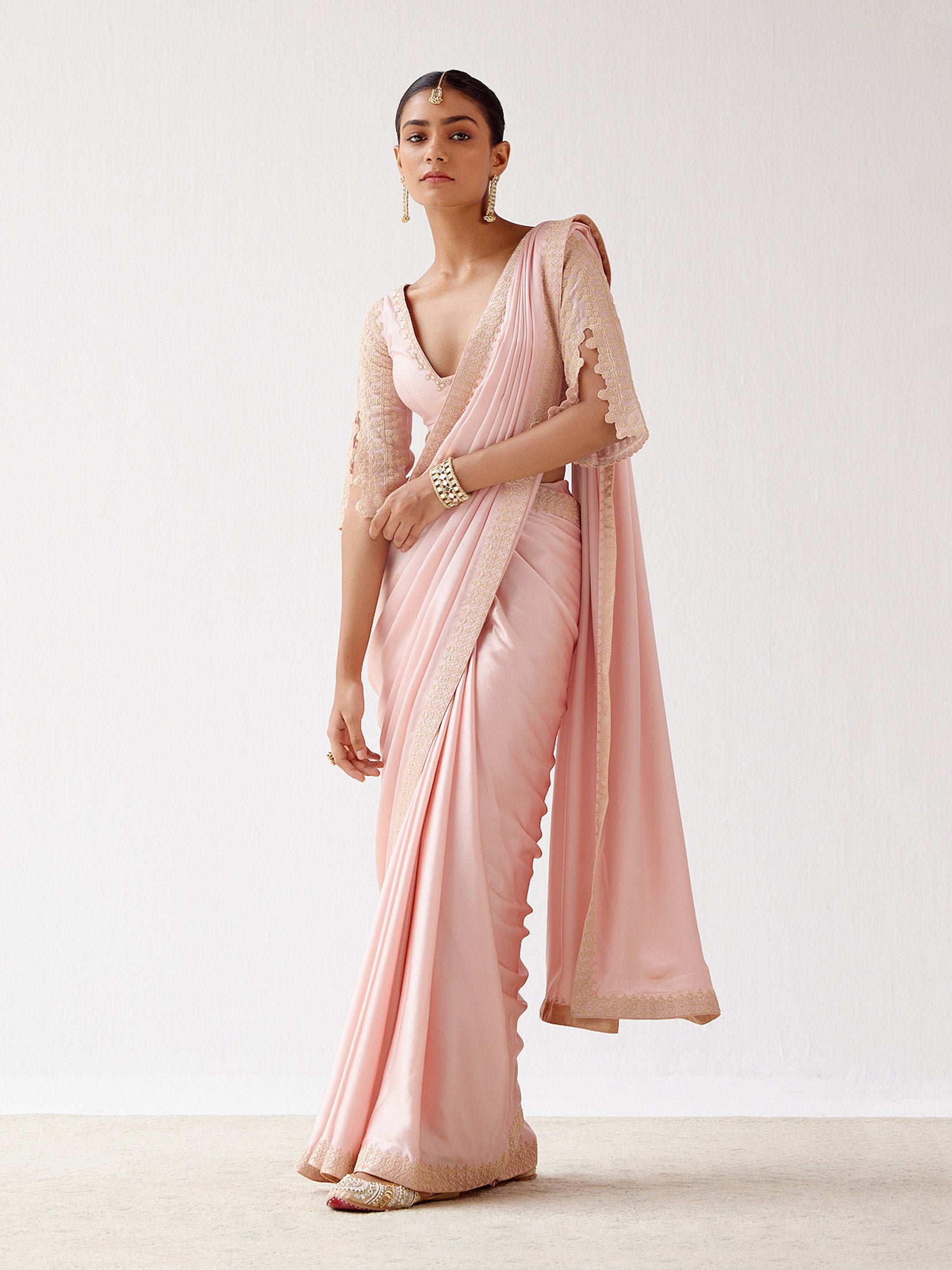 Blush Pink Embroidered Satin Saree