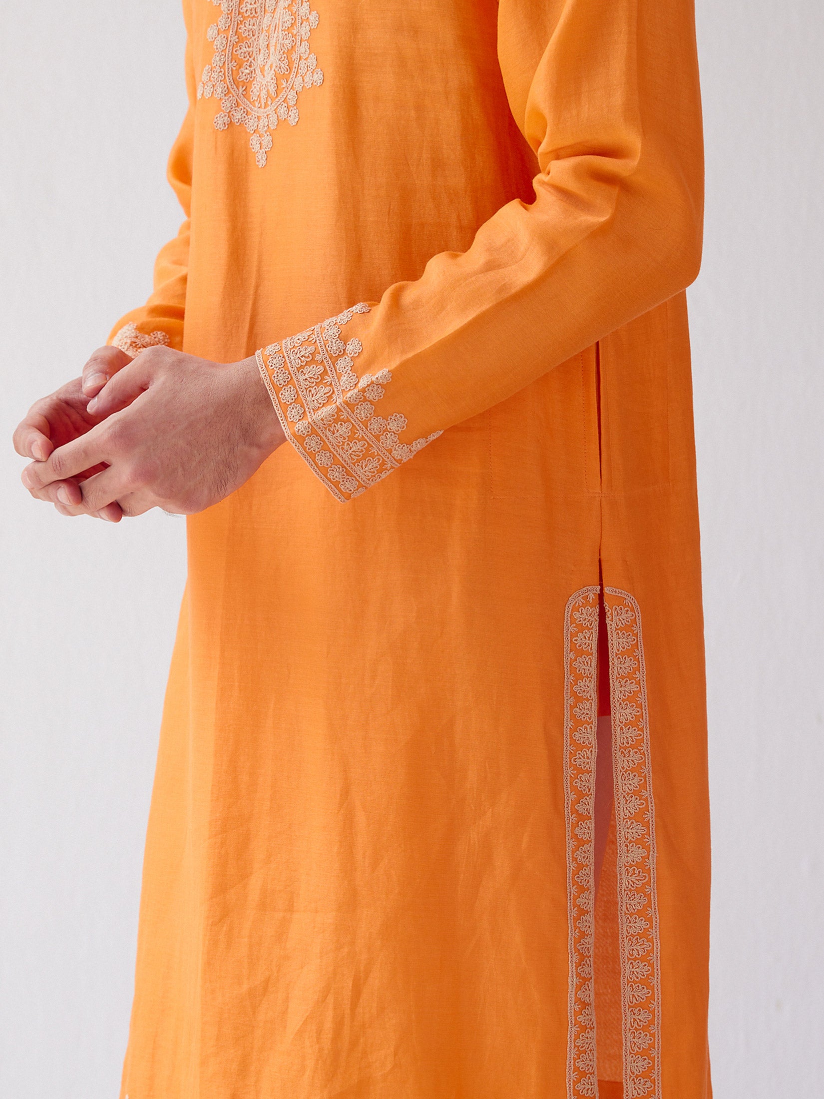 Orange Hand Embroidered Chanderi Kurta Set