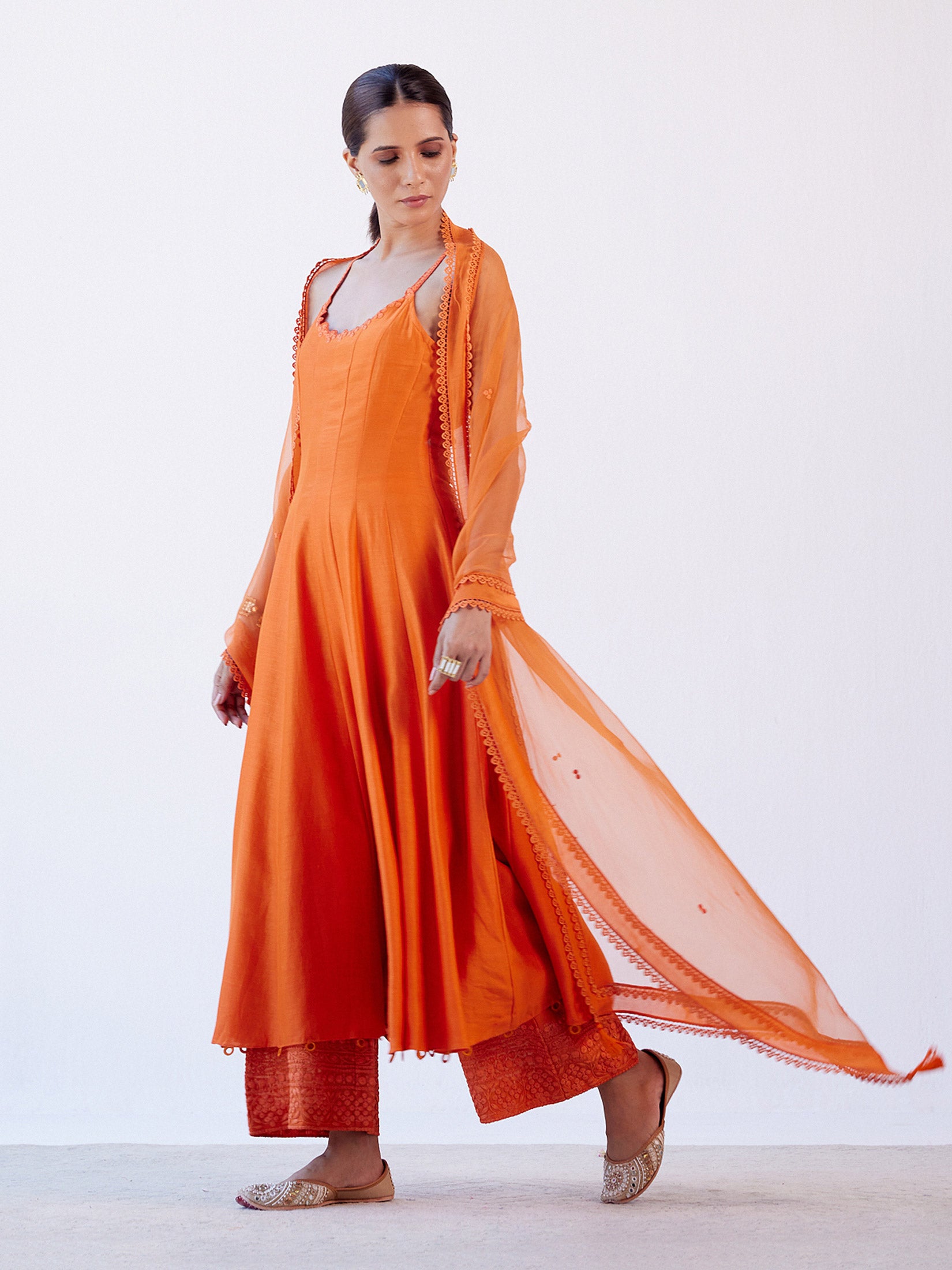 Orange Sleeveless Chanderi Anarkali Set