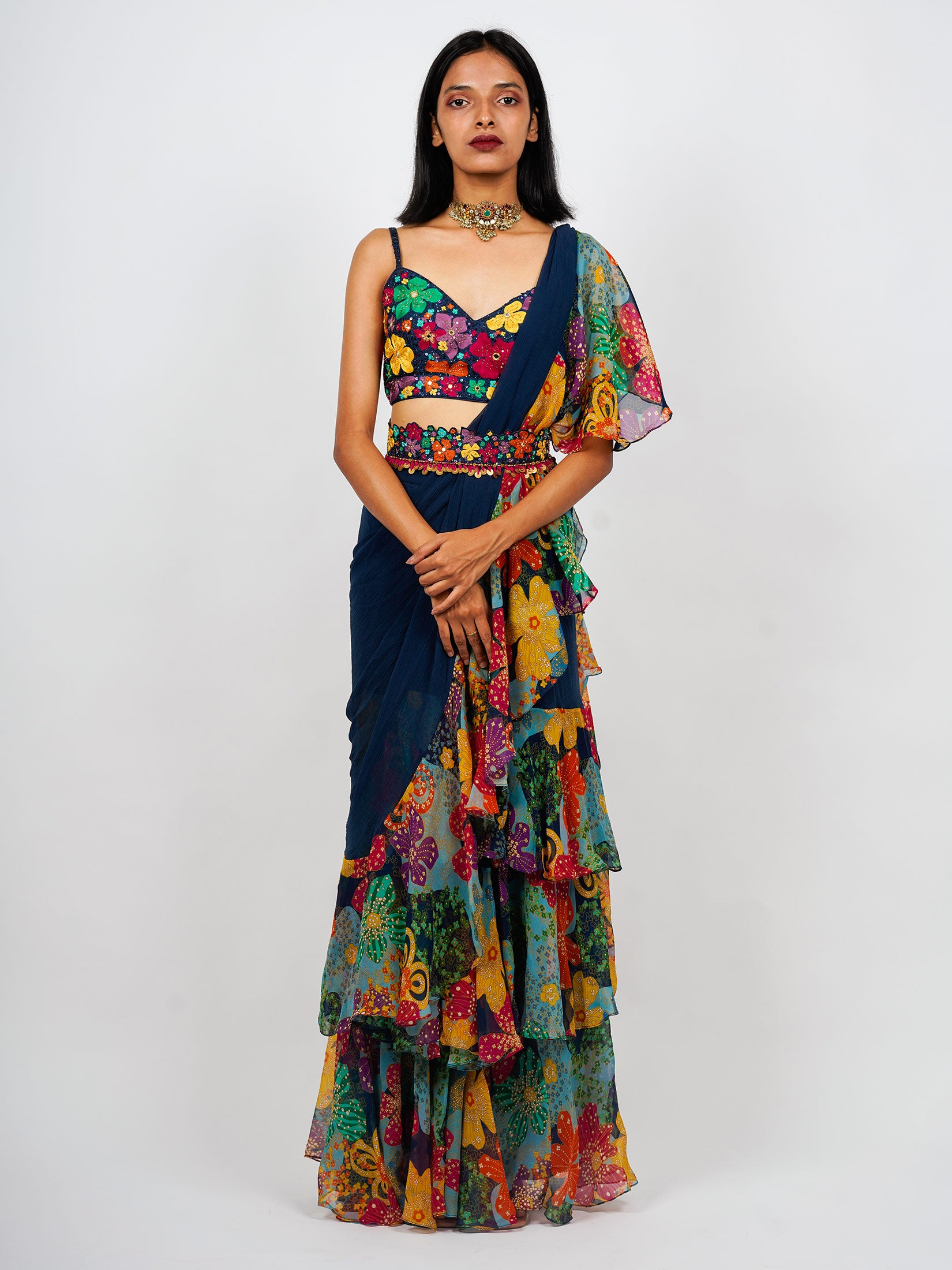 Printed Ruffle Pre Draped Saree + Embroidered Bustier + Emb Detachable Belt