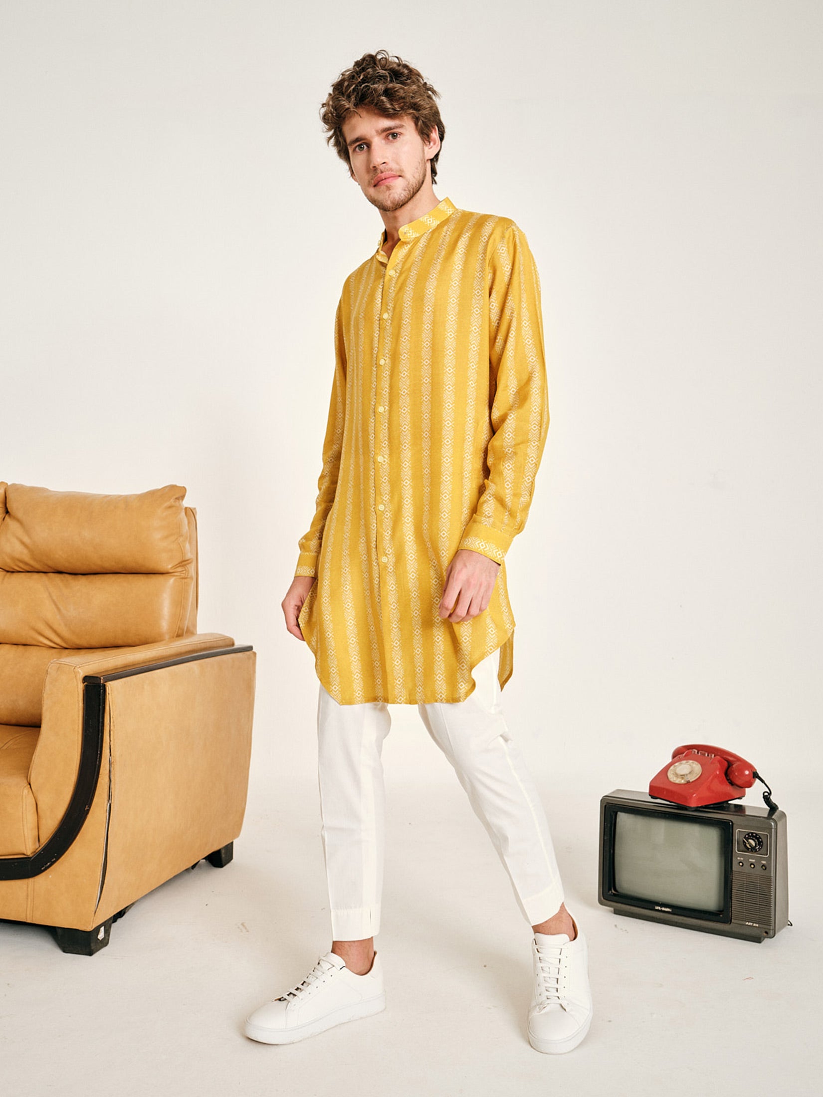 Yellow Chevron Stripe Malai Cotton Kurta Pajama Set