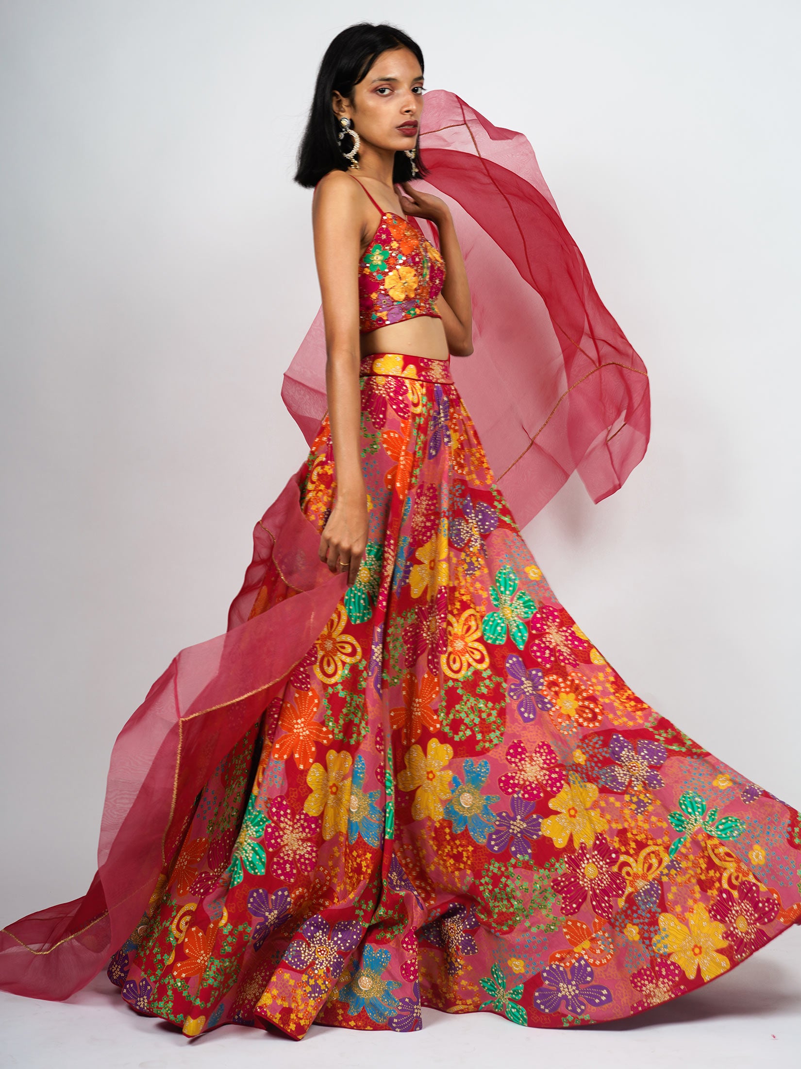 Printed Lehenga With Embroidered Bustier And Dual Tone Dupatta