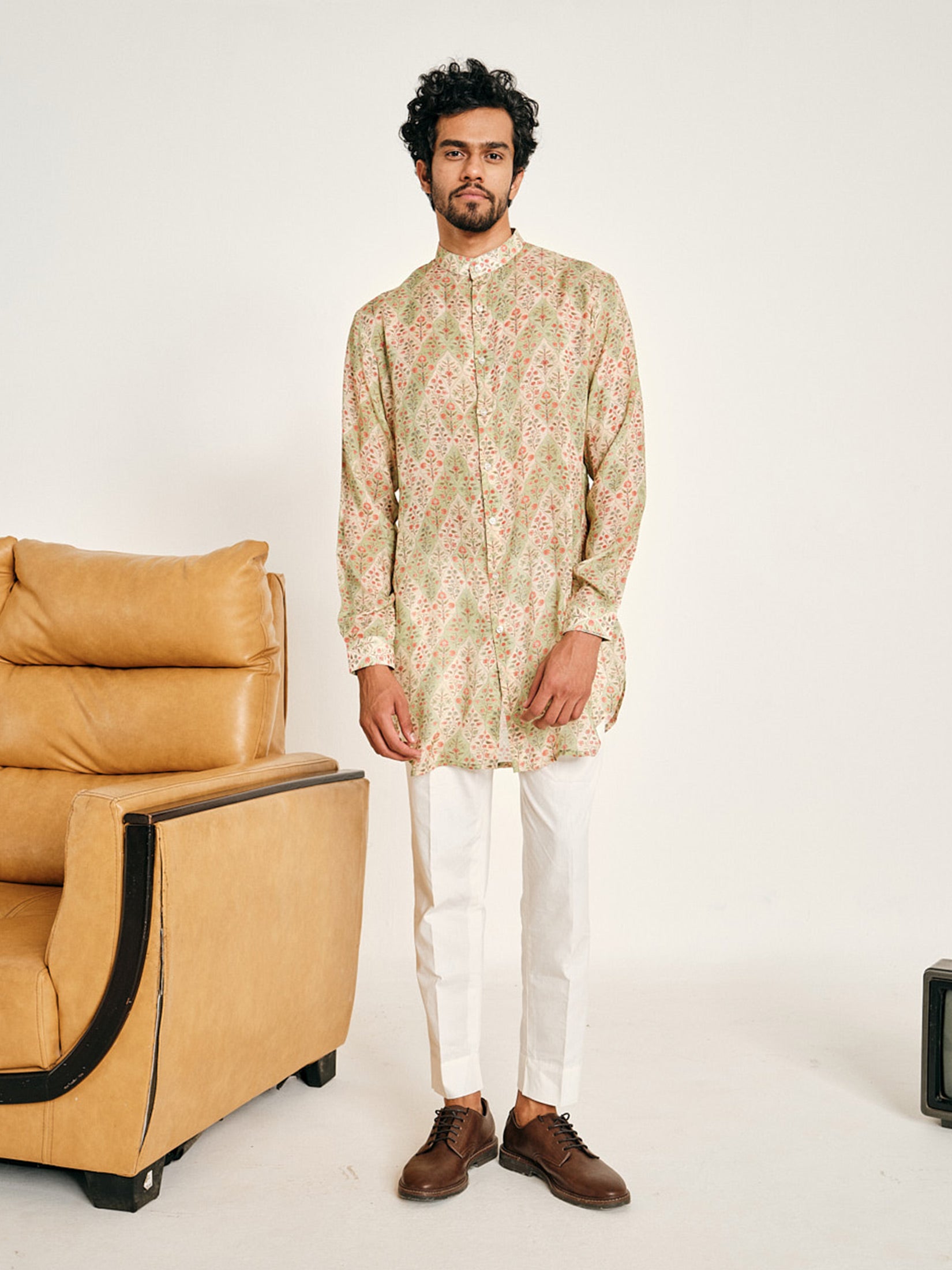 Cream and Green Gul Malai Cotton Kurta Pajama Set