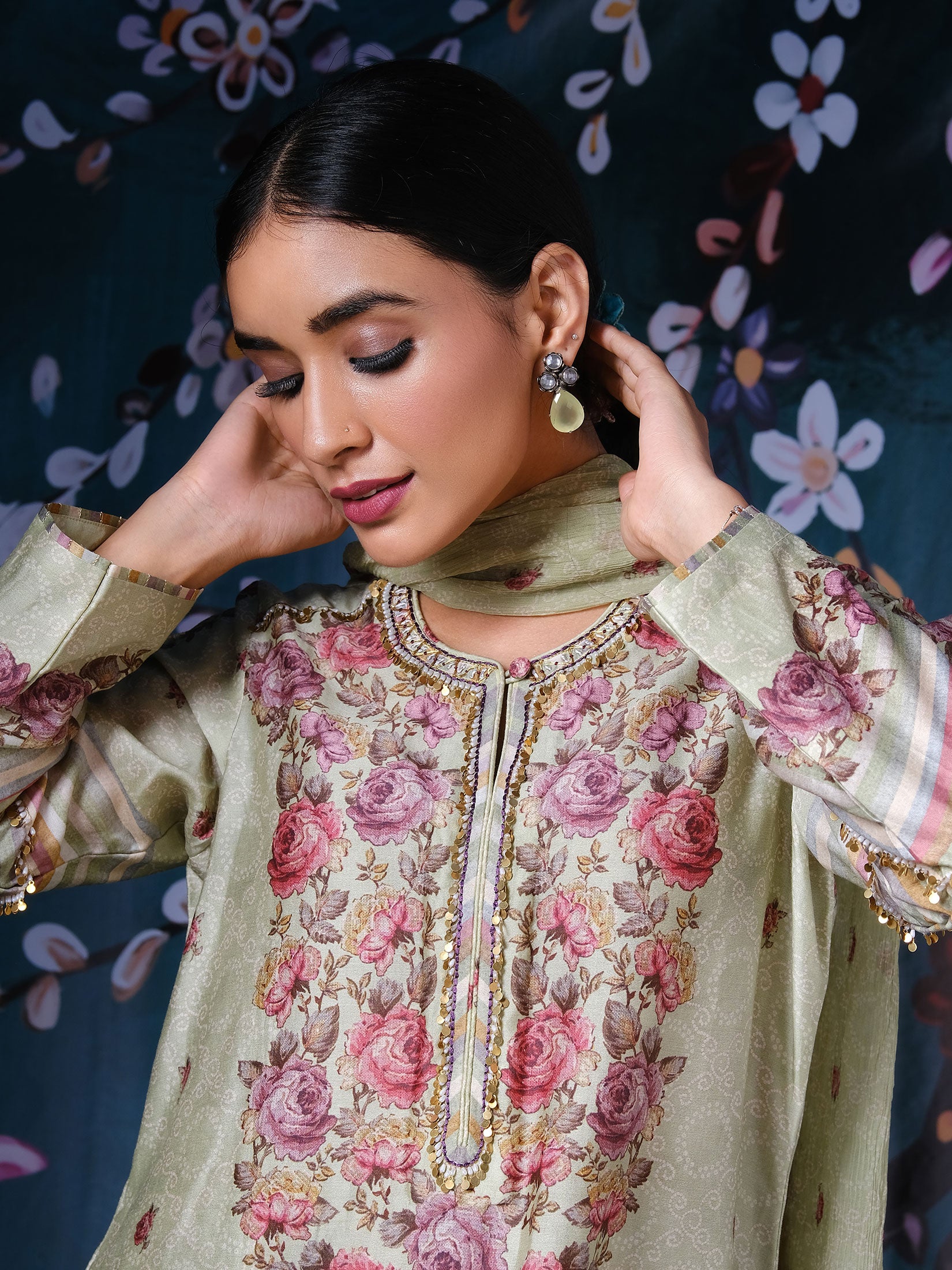 Classic Neck Rose and Stripe with Dupatta - Mint Green