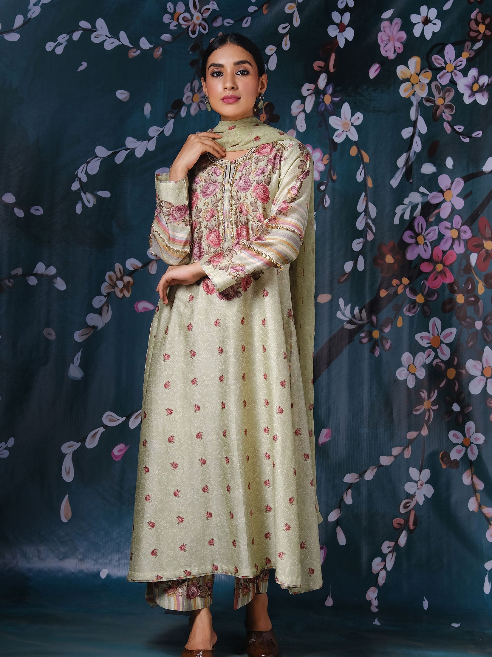 Classic Neck Rose and Stripe with Dupatta - Mint Green