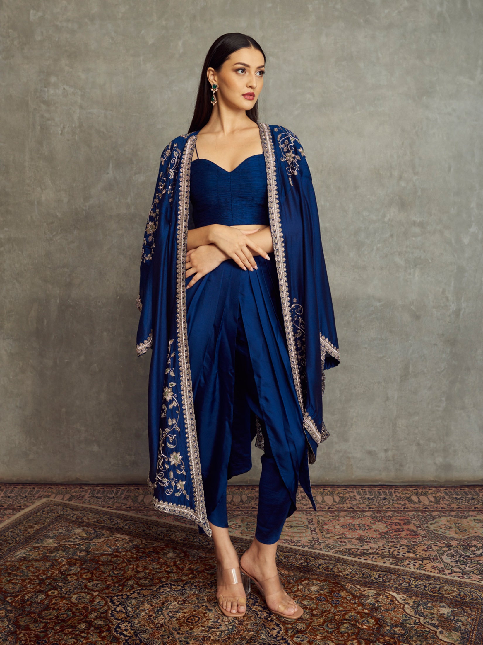 Embroidered Cape With Dhoti and Bustier