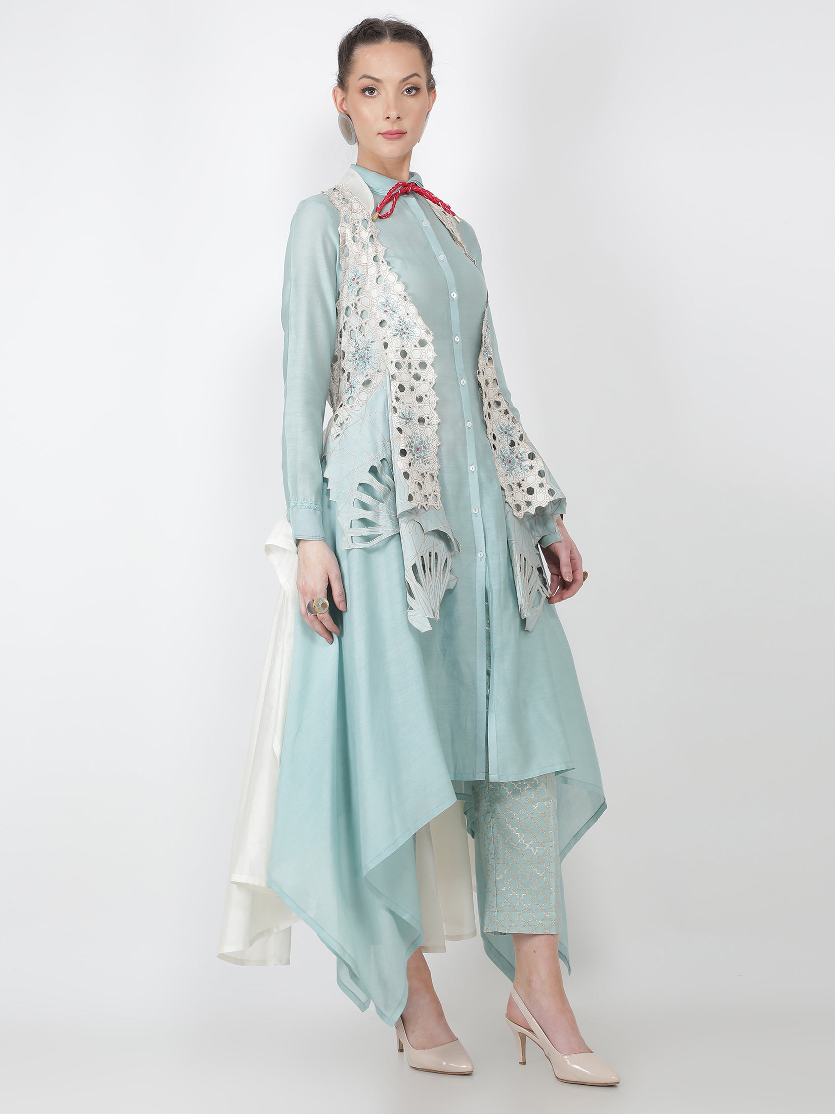 Embroidered Racer Back Jacket With Chanderi Side Draped Shirt And Pants