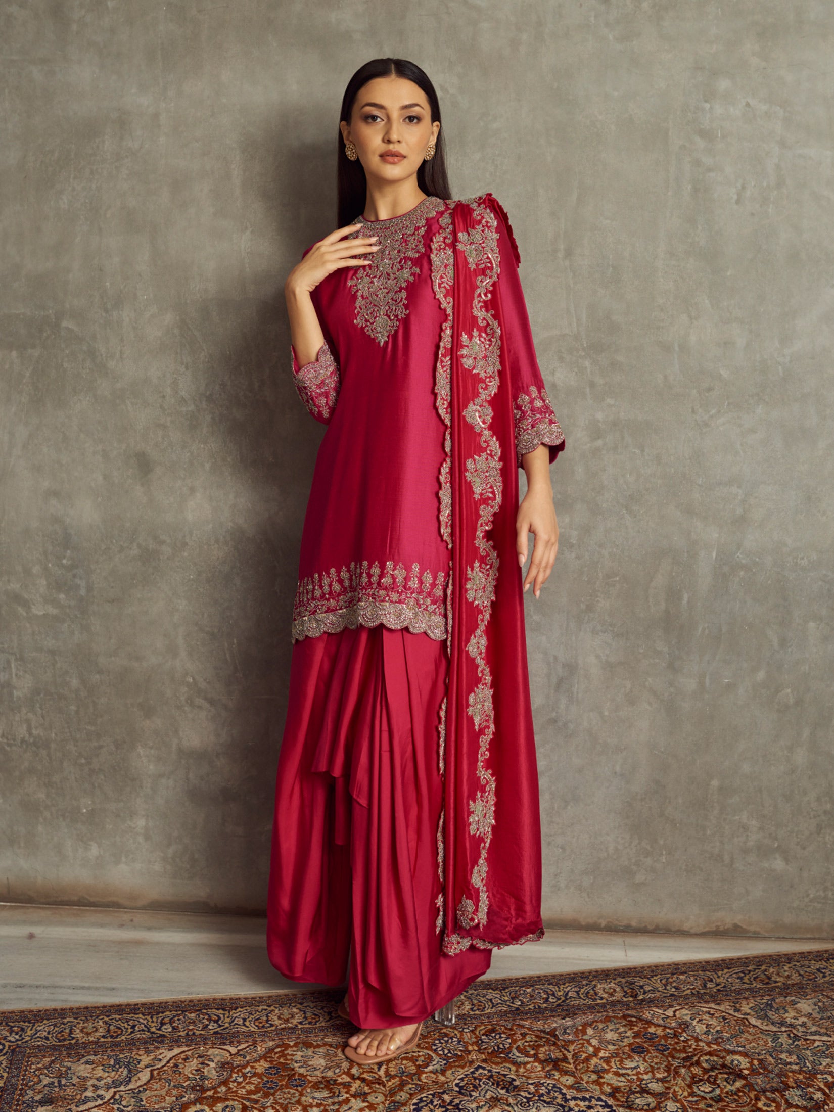 Embroidered Kurta With Dupatta and Cowl Skirt