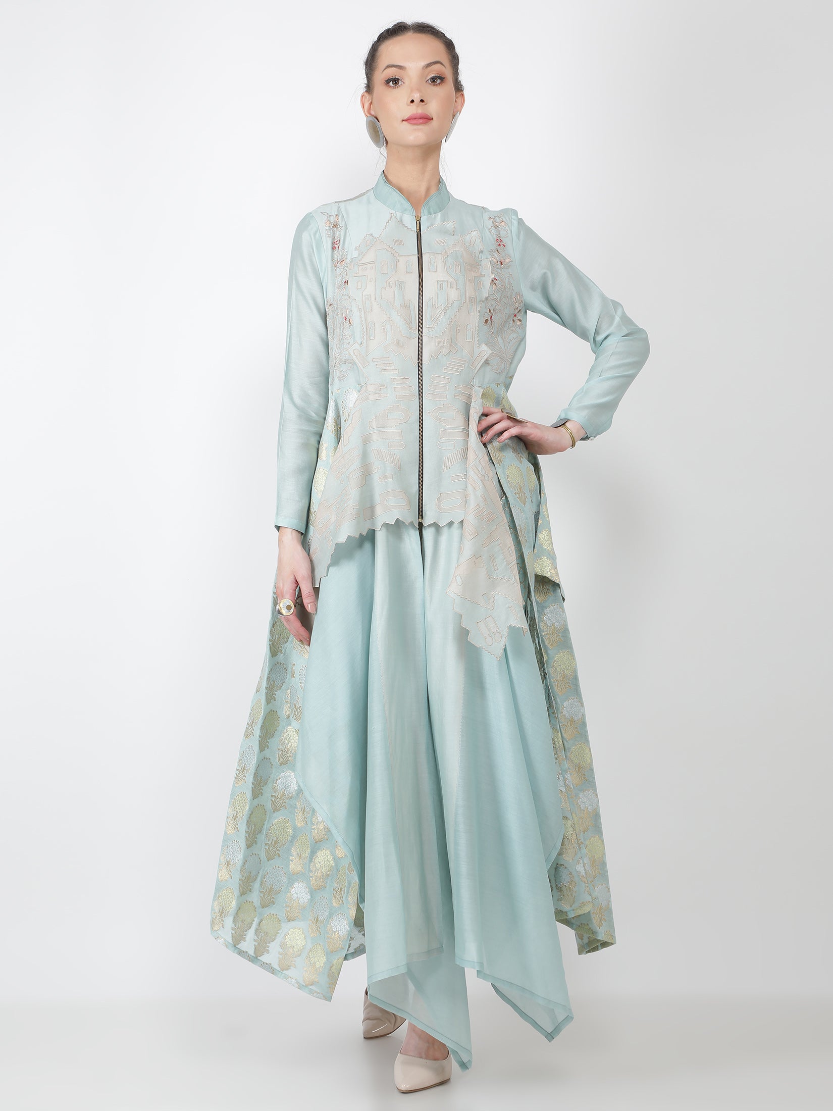 Fort Emb Front Open Kurta With Print + Pants