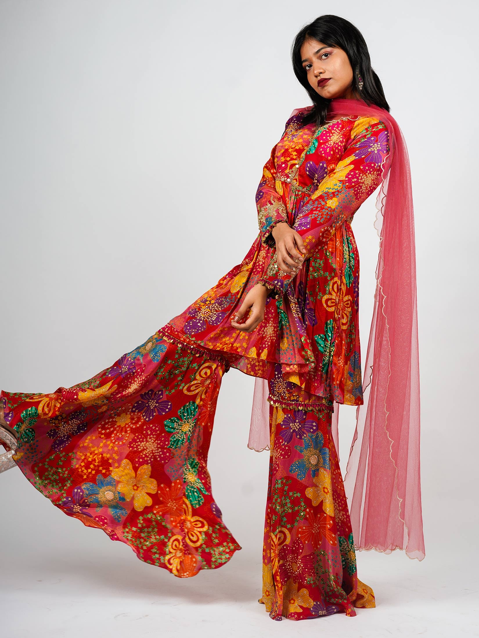 Printed Cuff And Neck Embellished Peplum Top And Gharara Pants+scalloped Tulle Dupatta