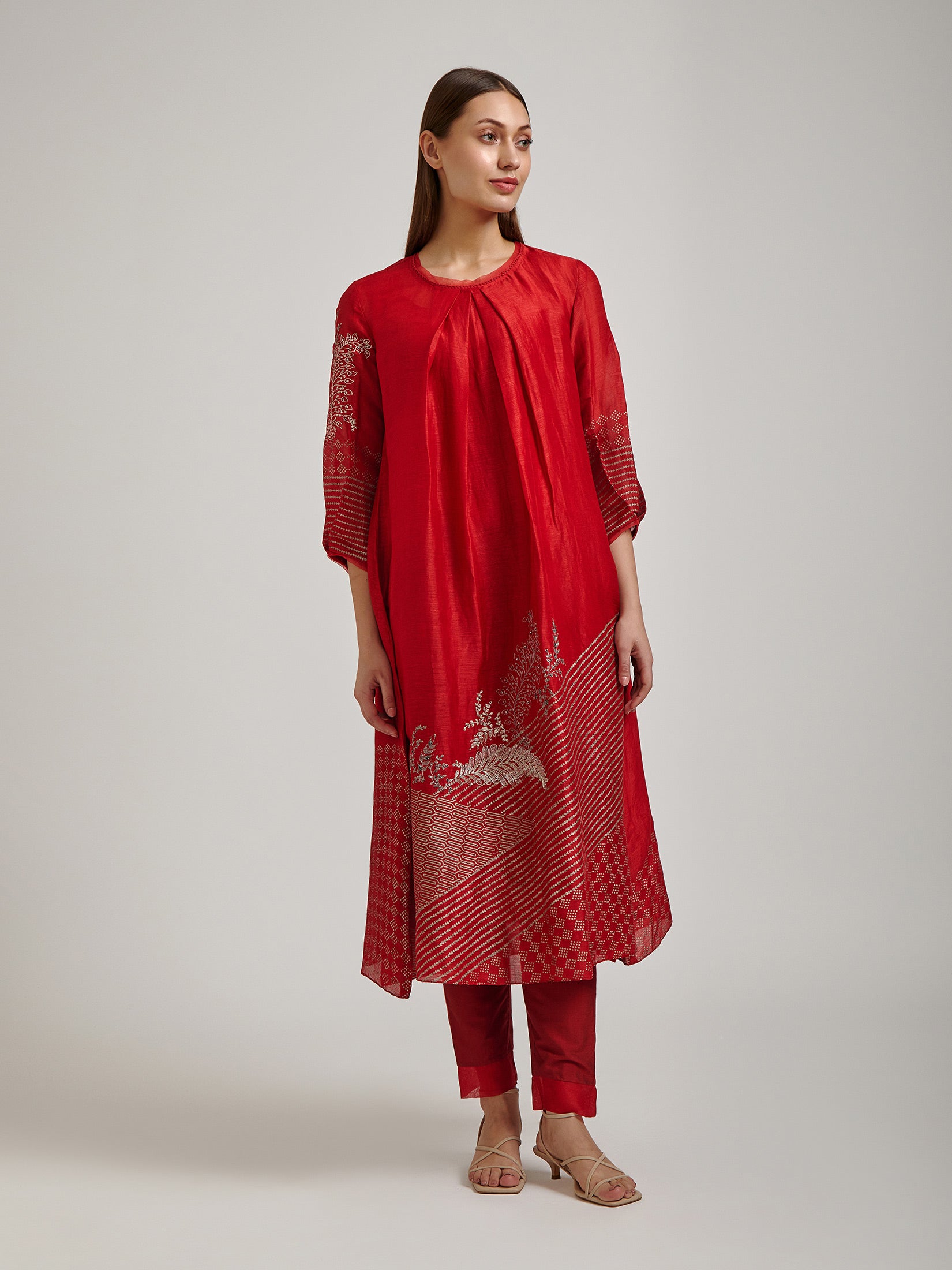 Red Linen Textured Chanderi Set