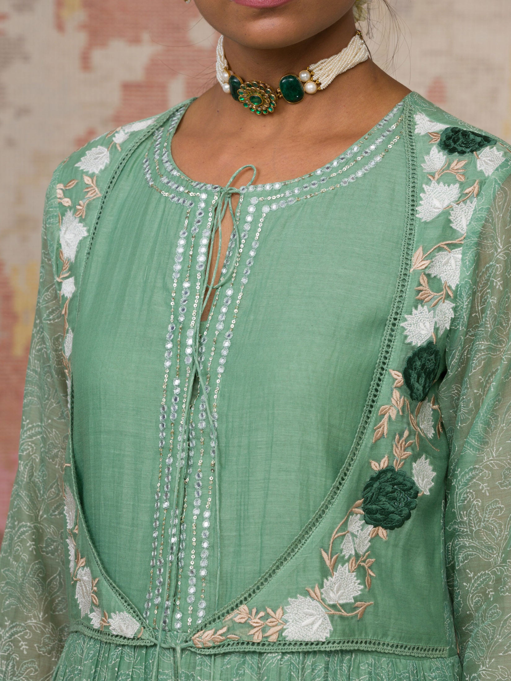 Green Printed Chanderi Anarkali Set