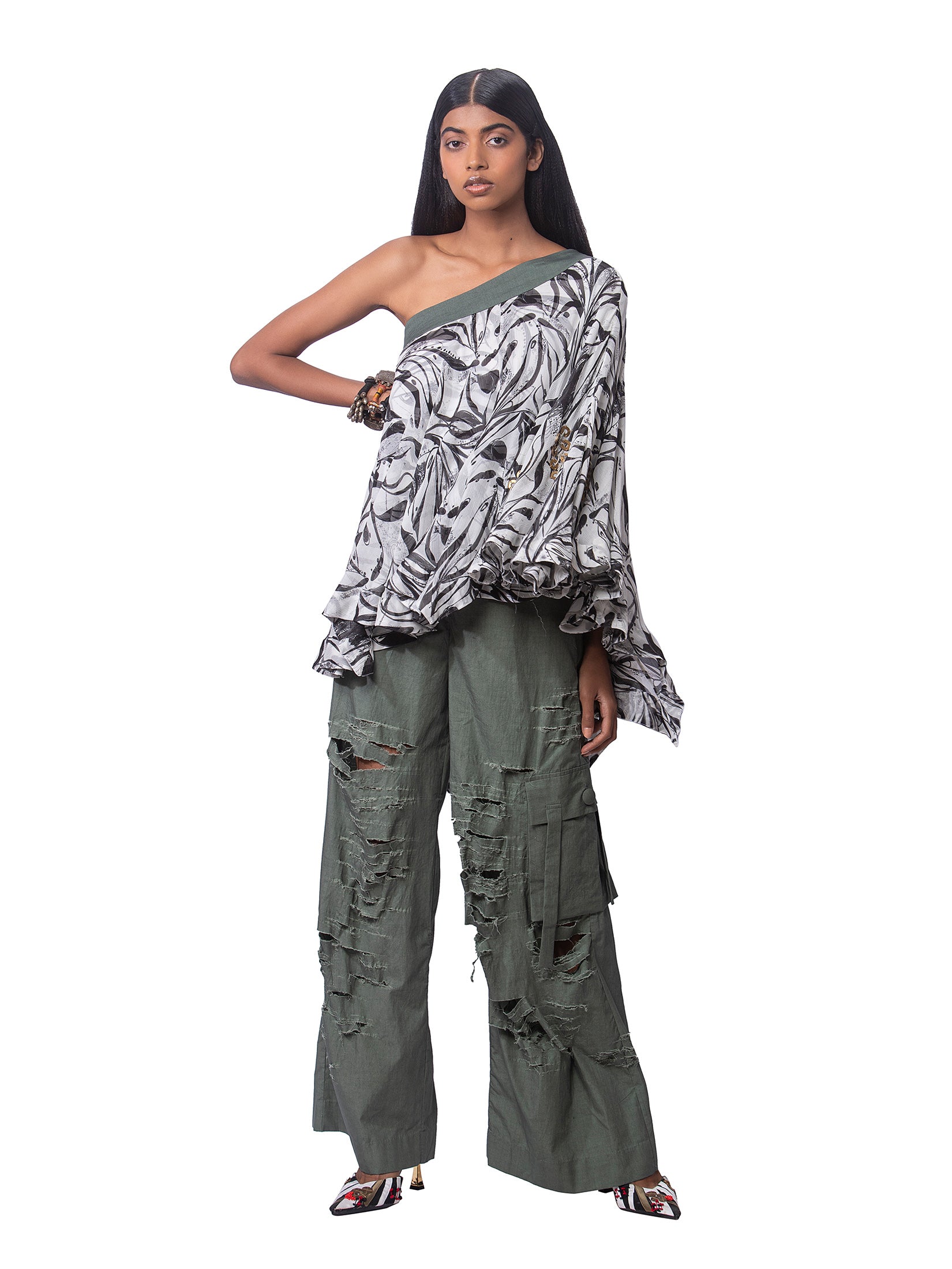 Chiffon Off Shoulder Top With Cotton Ripped Pants