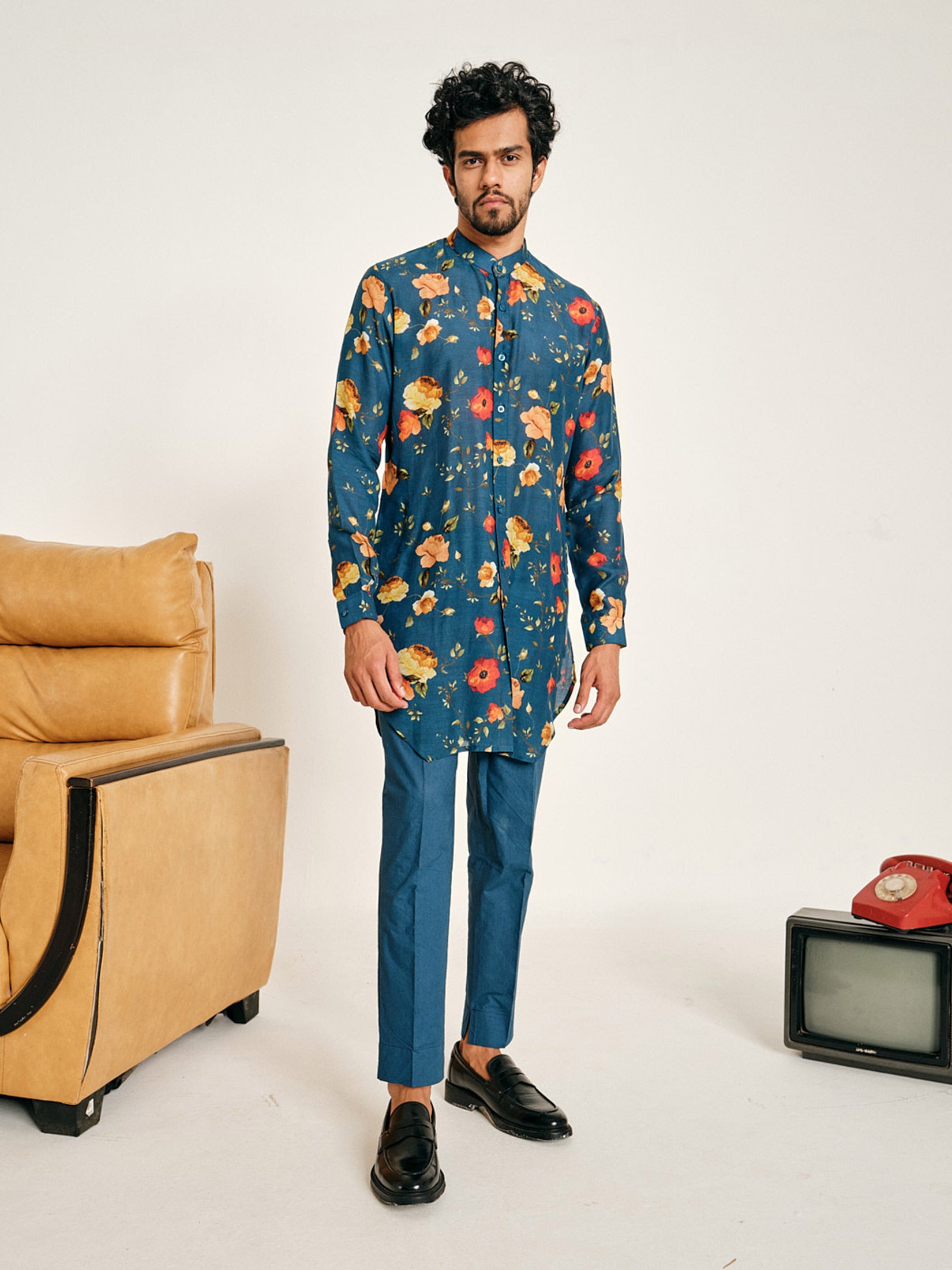 Midnight Flora Malai Cotton Kurta and Matching Pajama Set