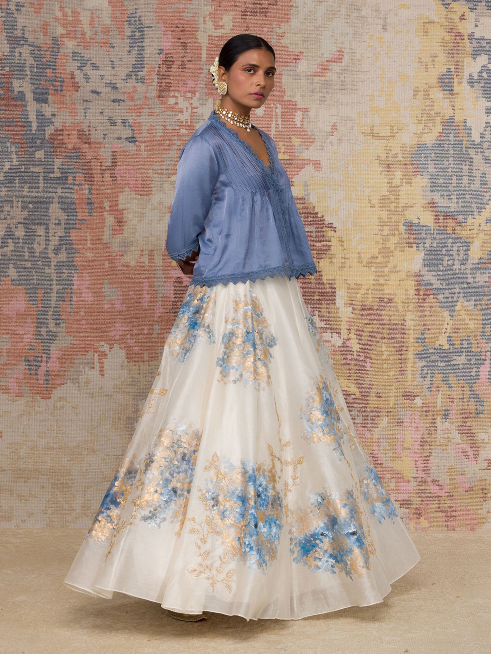Ivory Hand Paint Skirt With Ash Blue Top