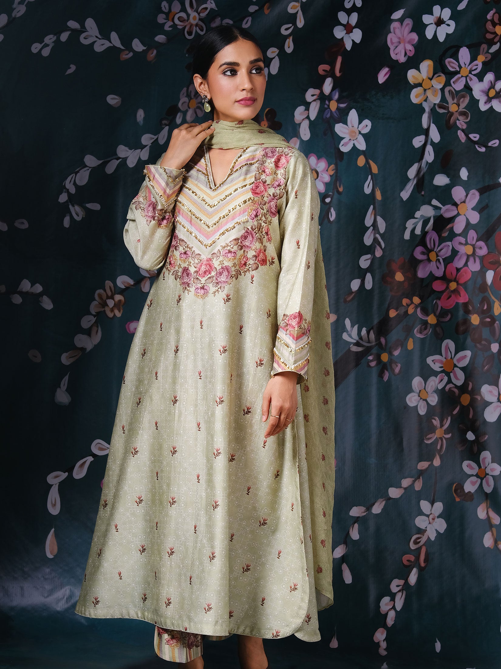 Yoke Neck Rose and Stripe With Dupatta - Mint Green