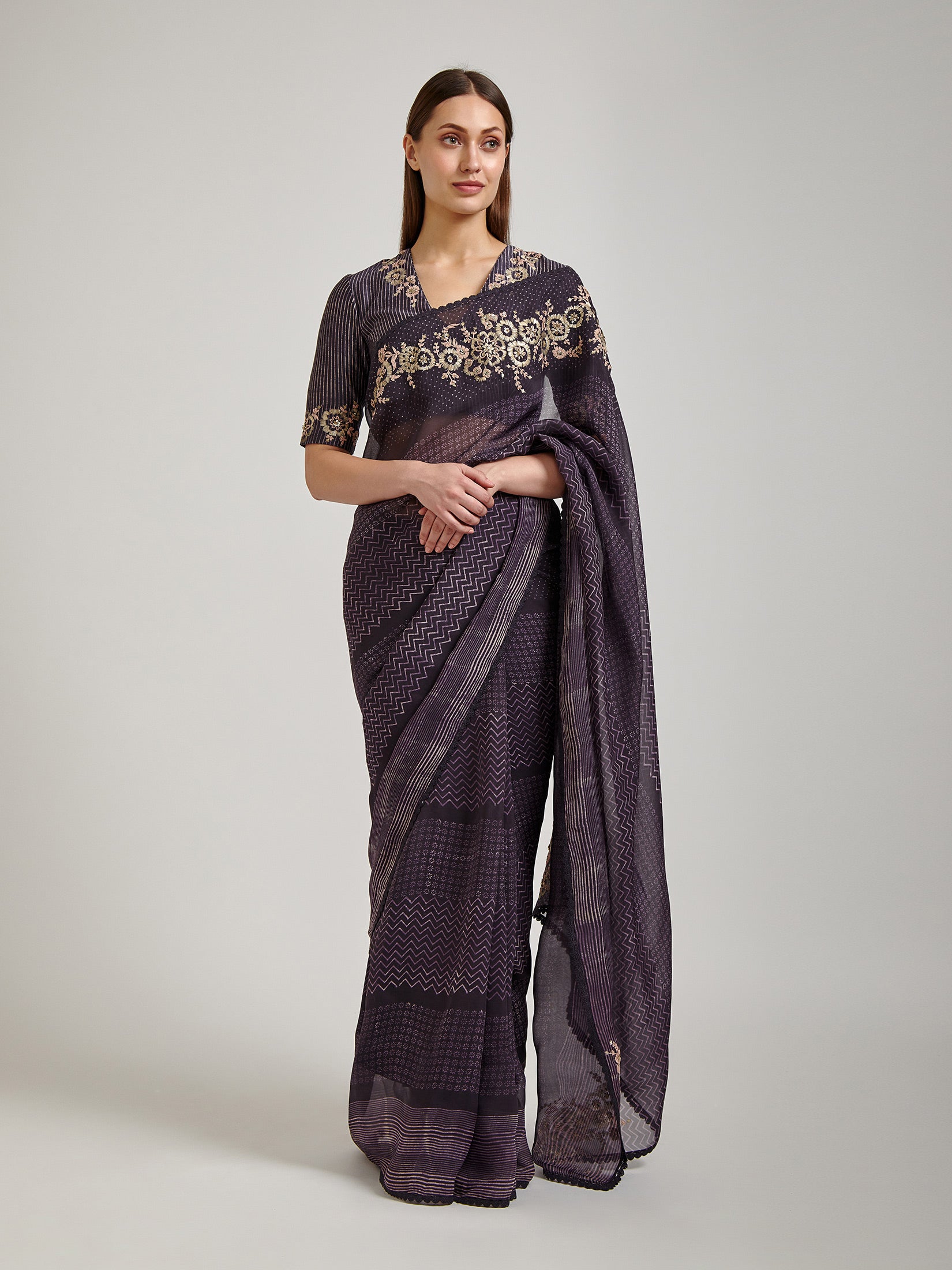 Charcoal Color Organza Georgetted Saree