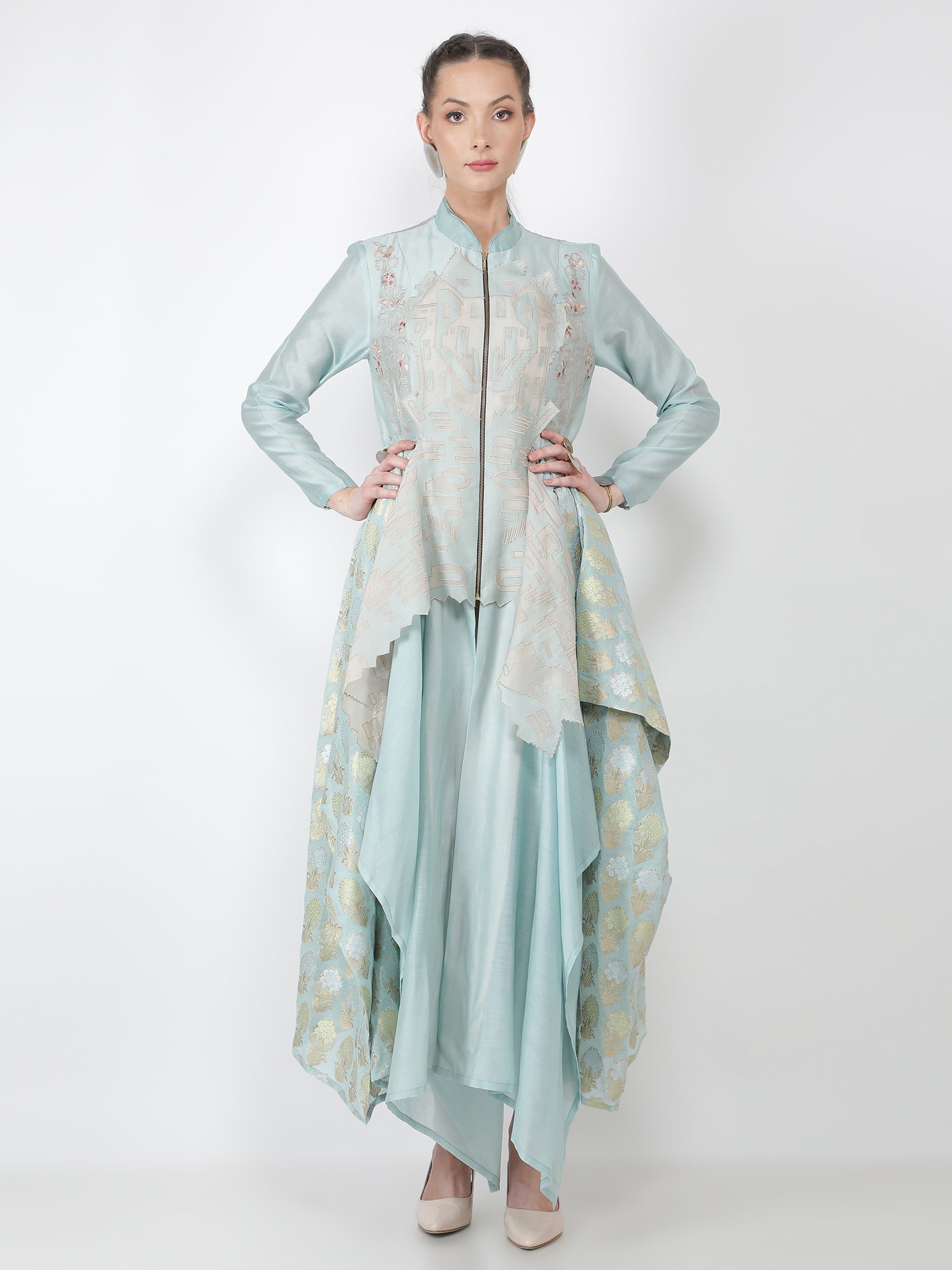 Fort Emb Front Open Kurta With Print + Pants
