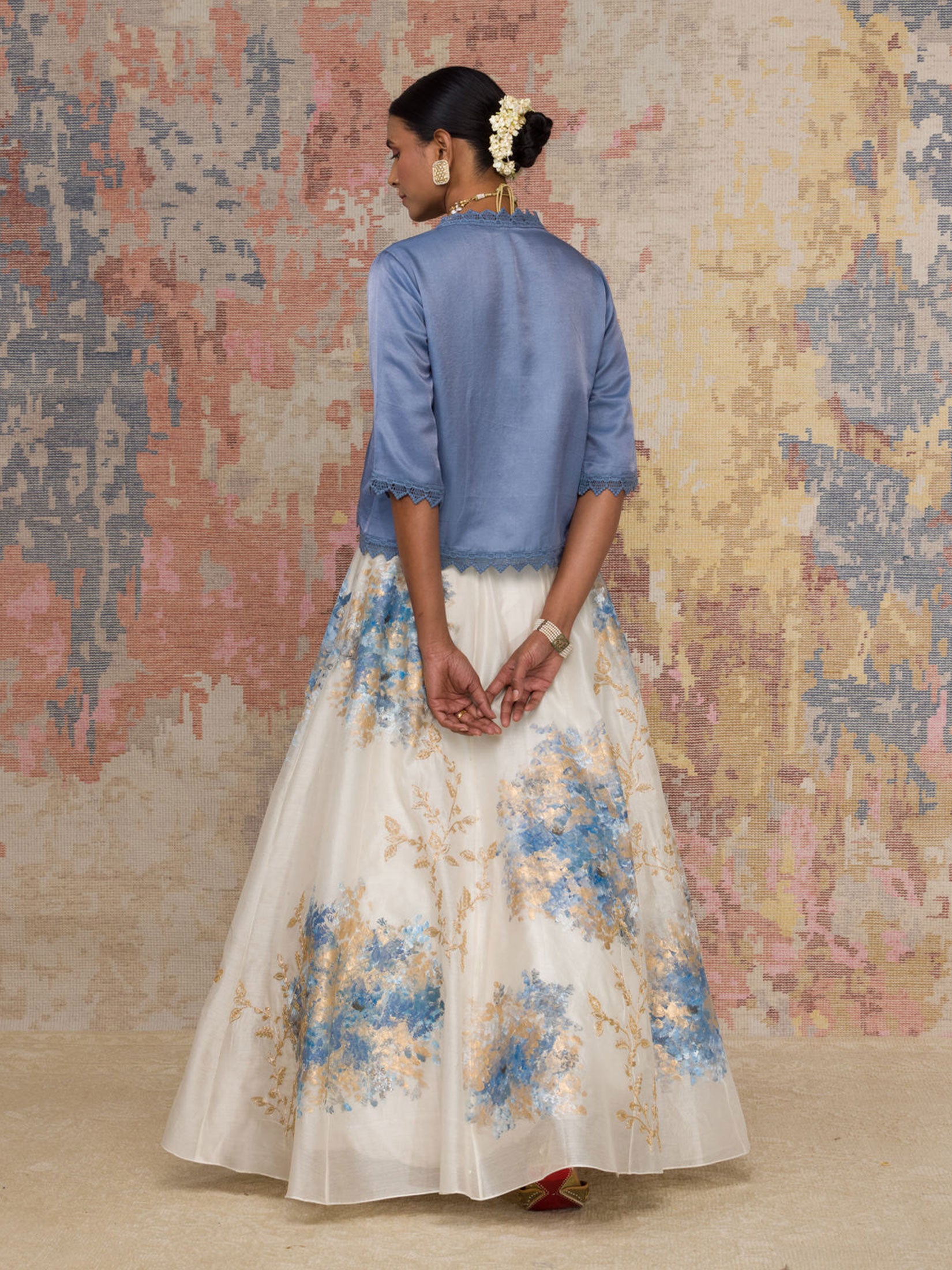 Ivory Hand Paint Skirt With Ash Blue Top