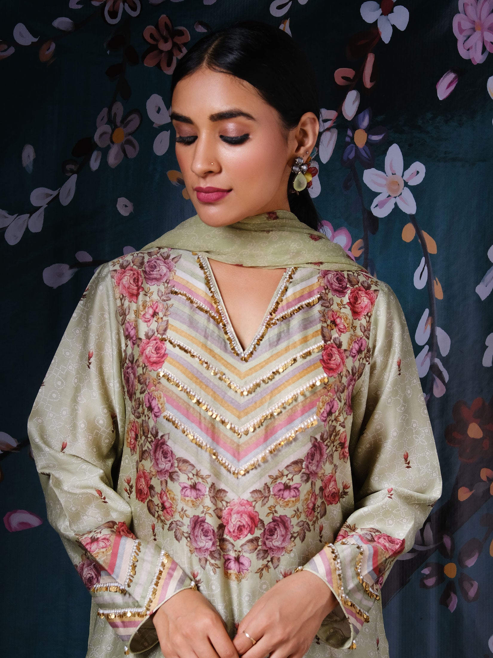 Yoke Neck Rose and Stripe With Dupatta - Mint Green
