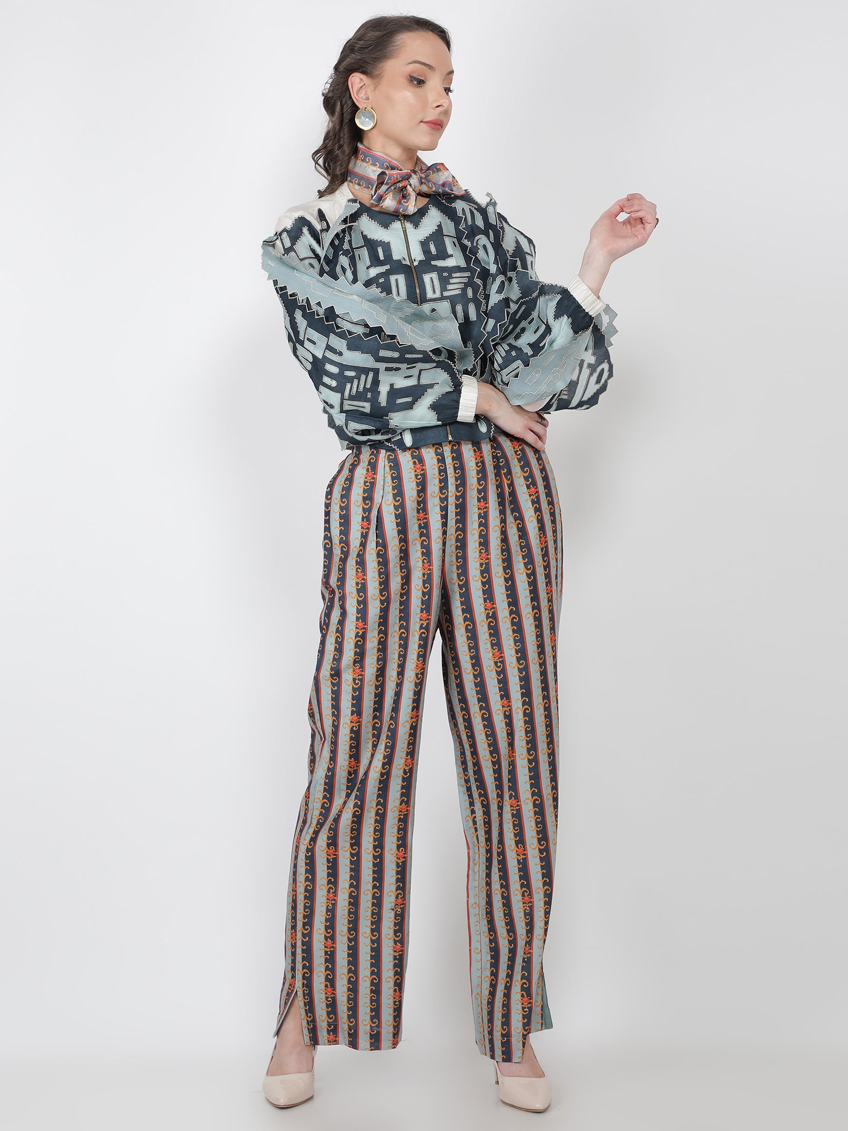 3D Fort Emb Bomber Jacket With Striped Chanderi Pants