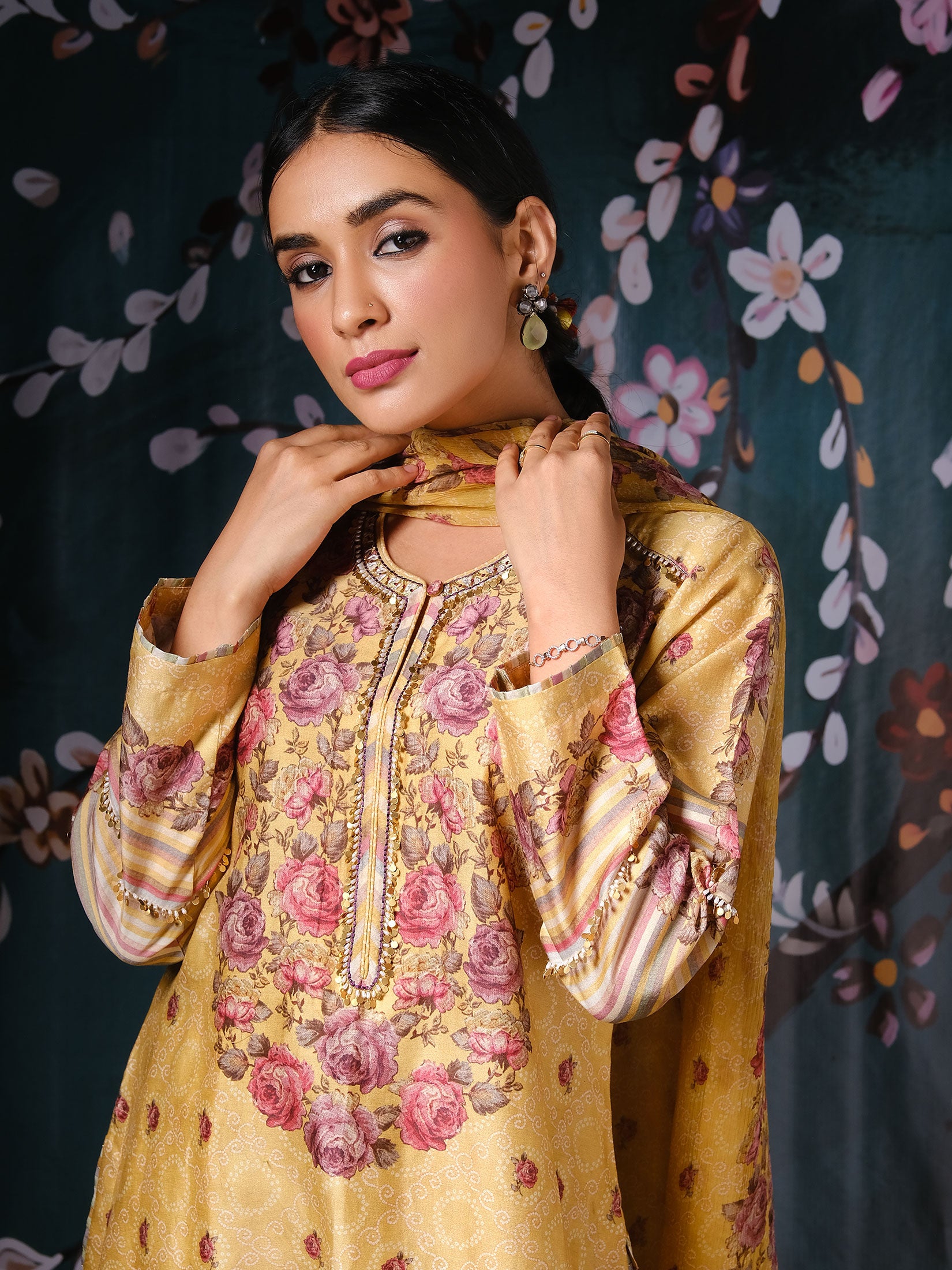 Classic Neck Rose and Stripe with Dupatta - Yellow