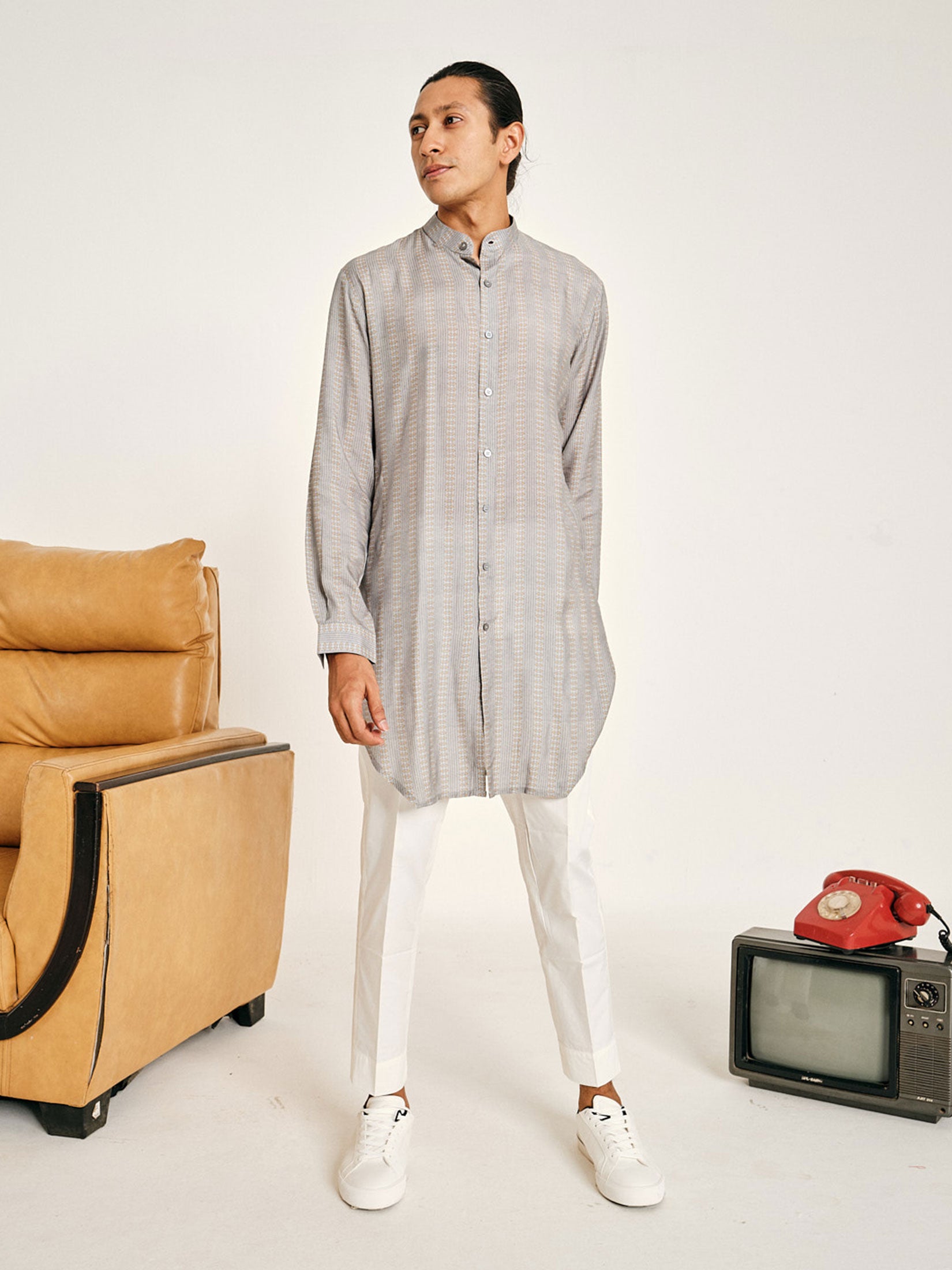 Grey Stripe Malai Cotton Kurta Pajama Set