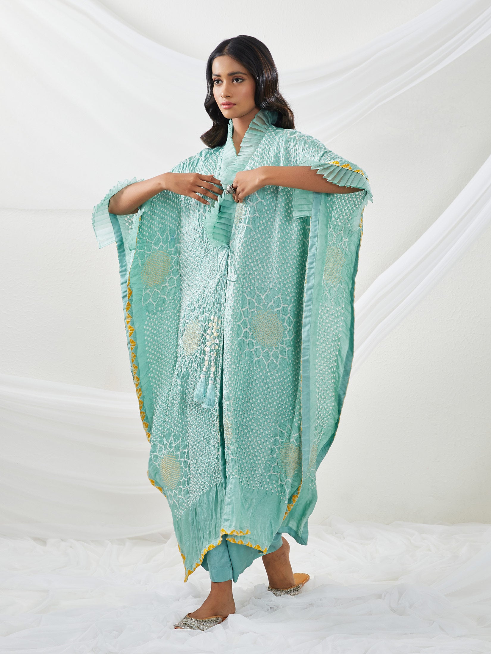 Gajji Silk Bandhani Frill Kaftan Overlay with Inner and Pants