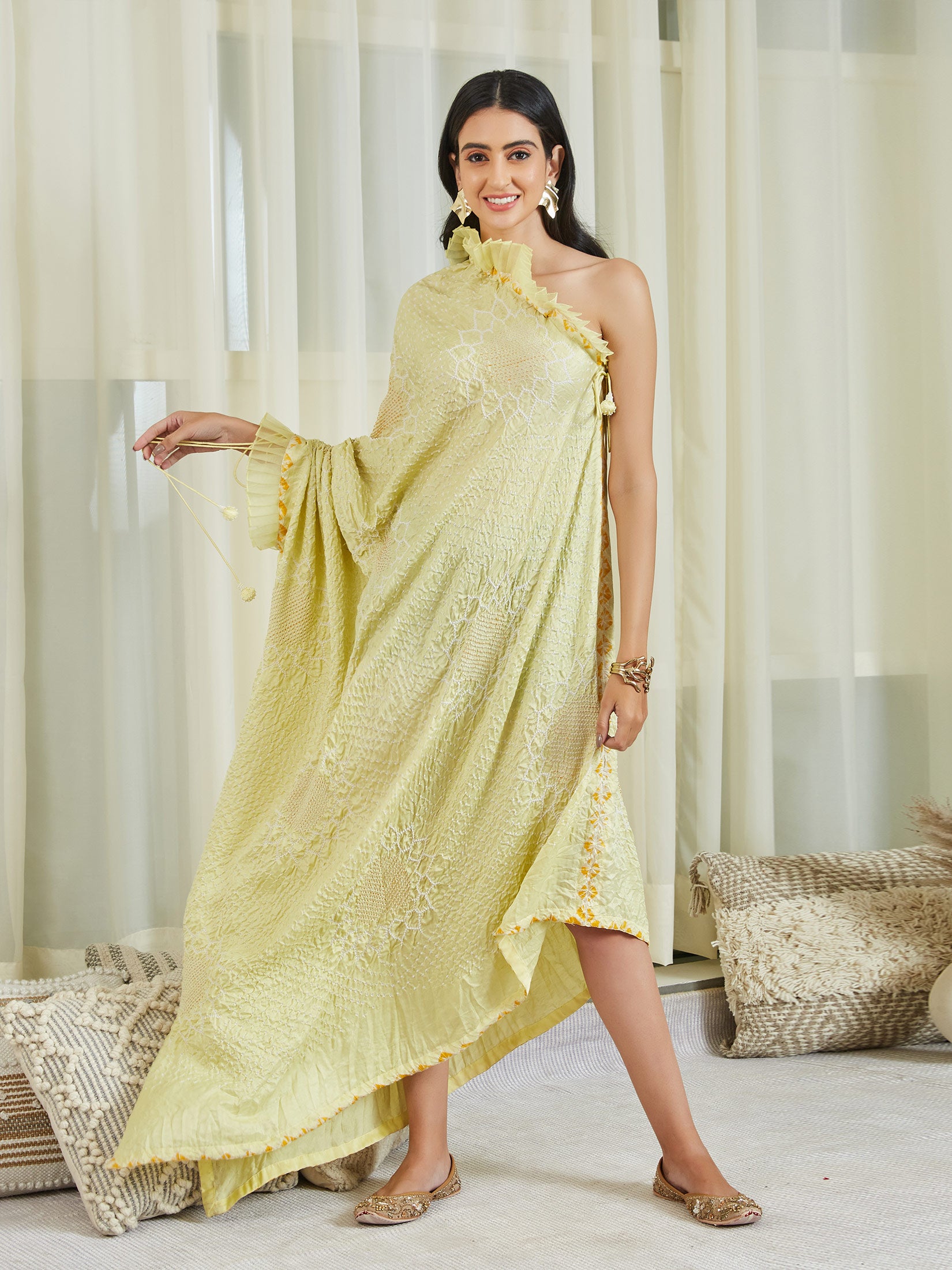 Gajji Silk Bandhani One Shoulder Dress
