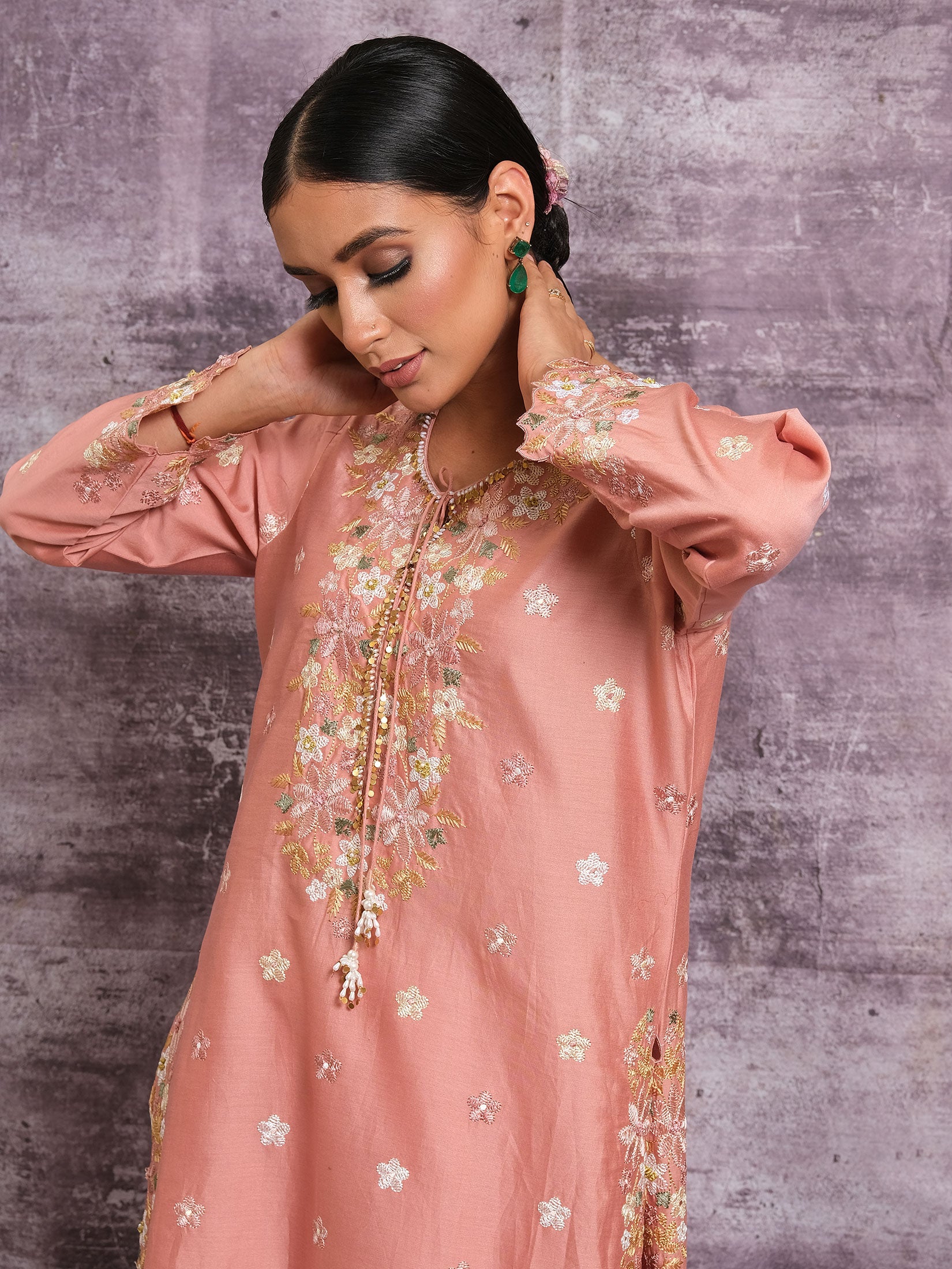 Resham and Pearl Cutwork Sharara With Dupatta - Onion Pink