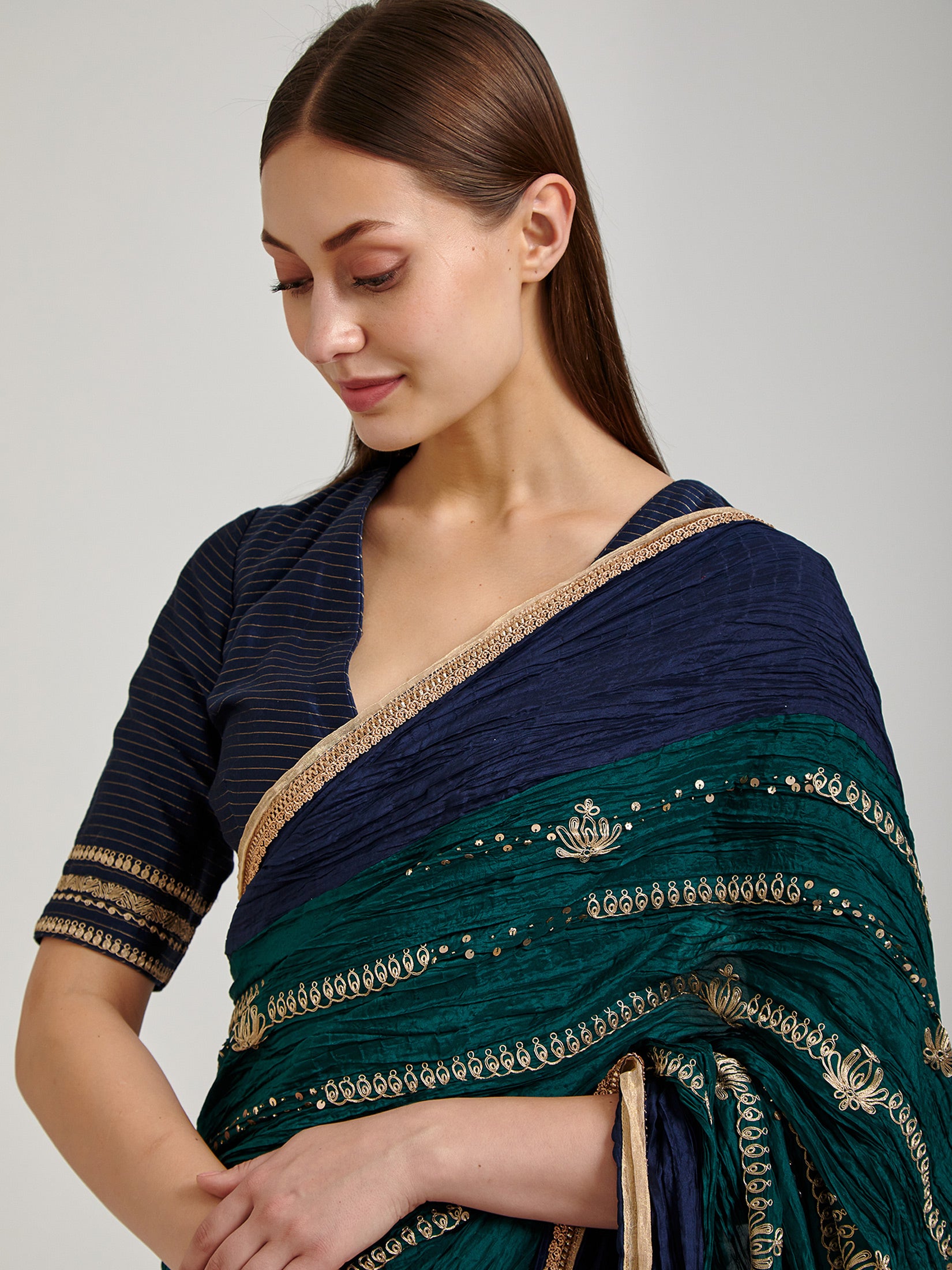 Forest Green and Navy Crushed Summer Silk Saree