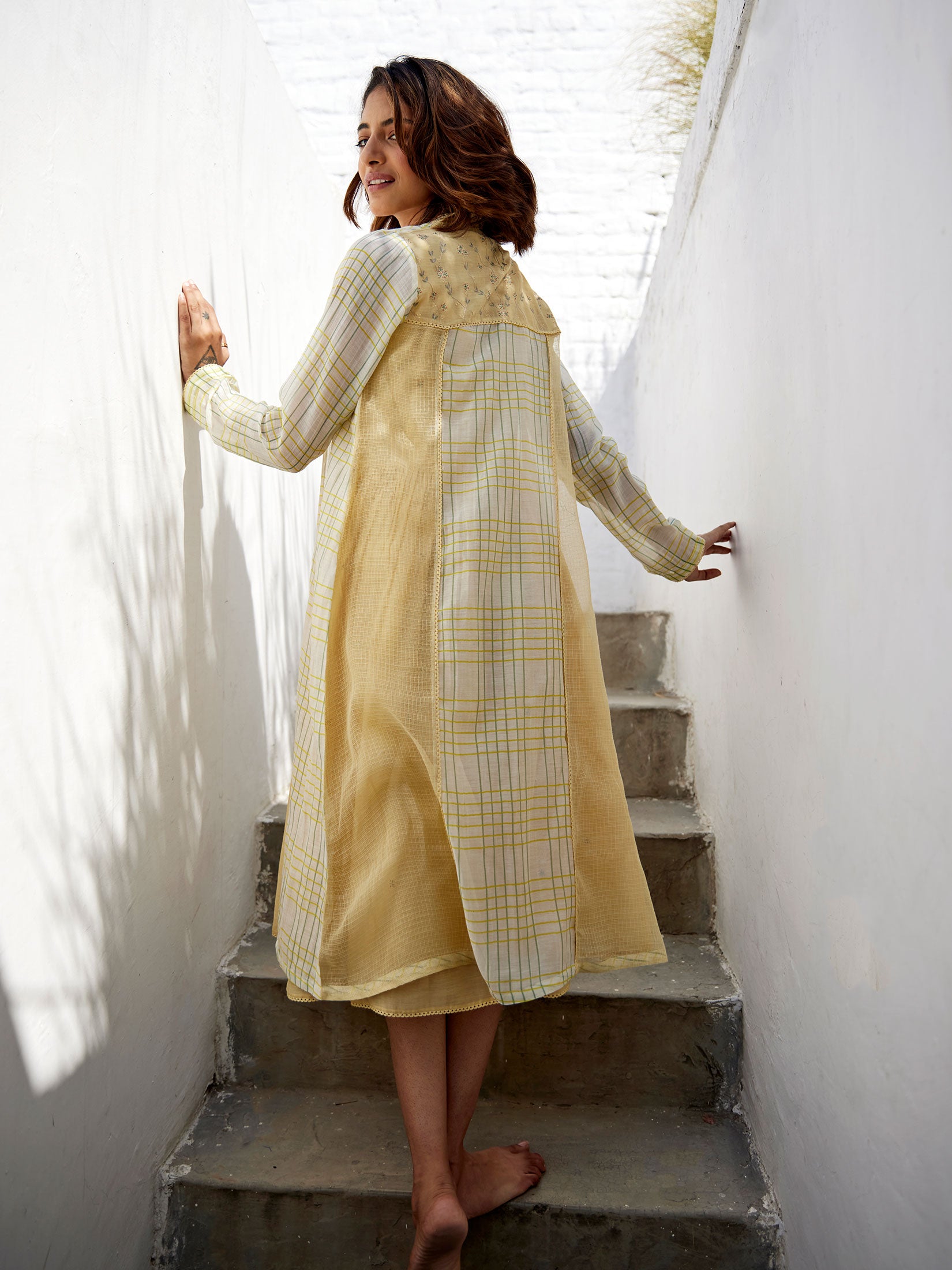 Lemon Yellow Chequered Overlay Dress Set