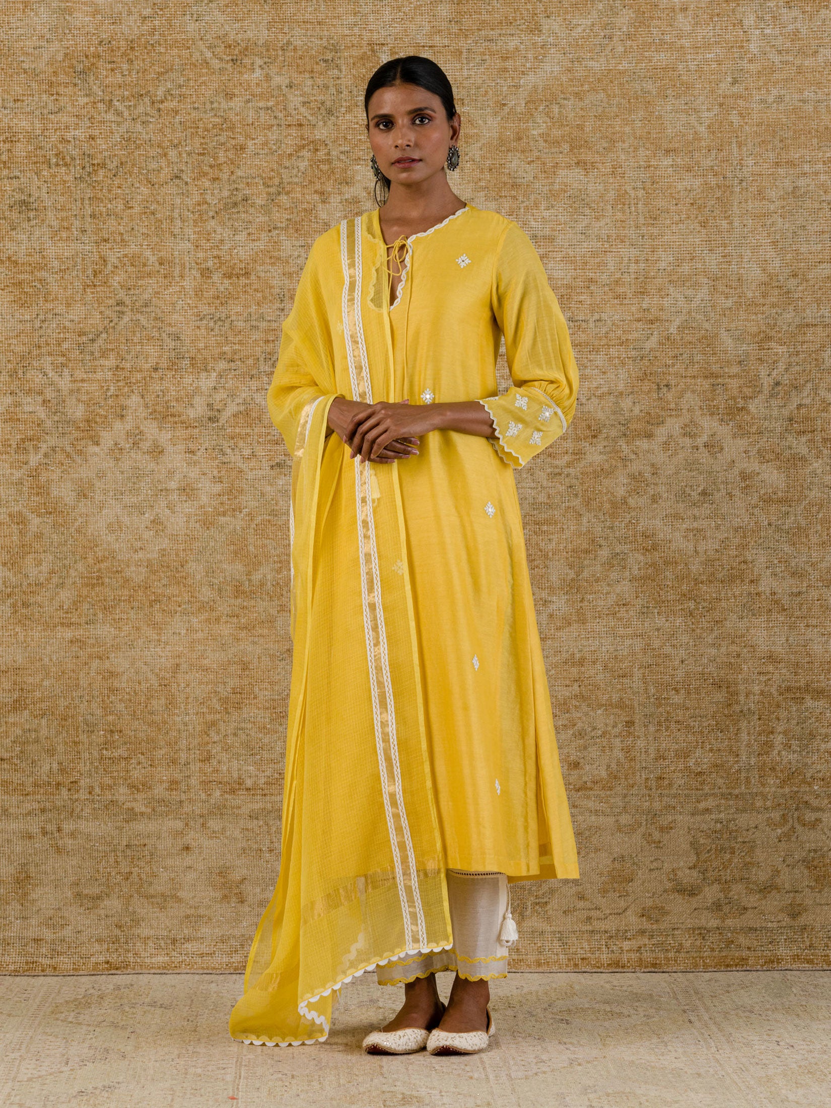 Yellow Chanderi Straight Embroidered Kurta