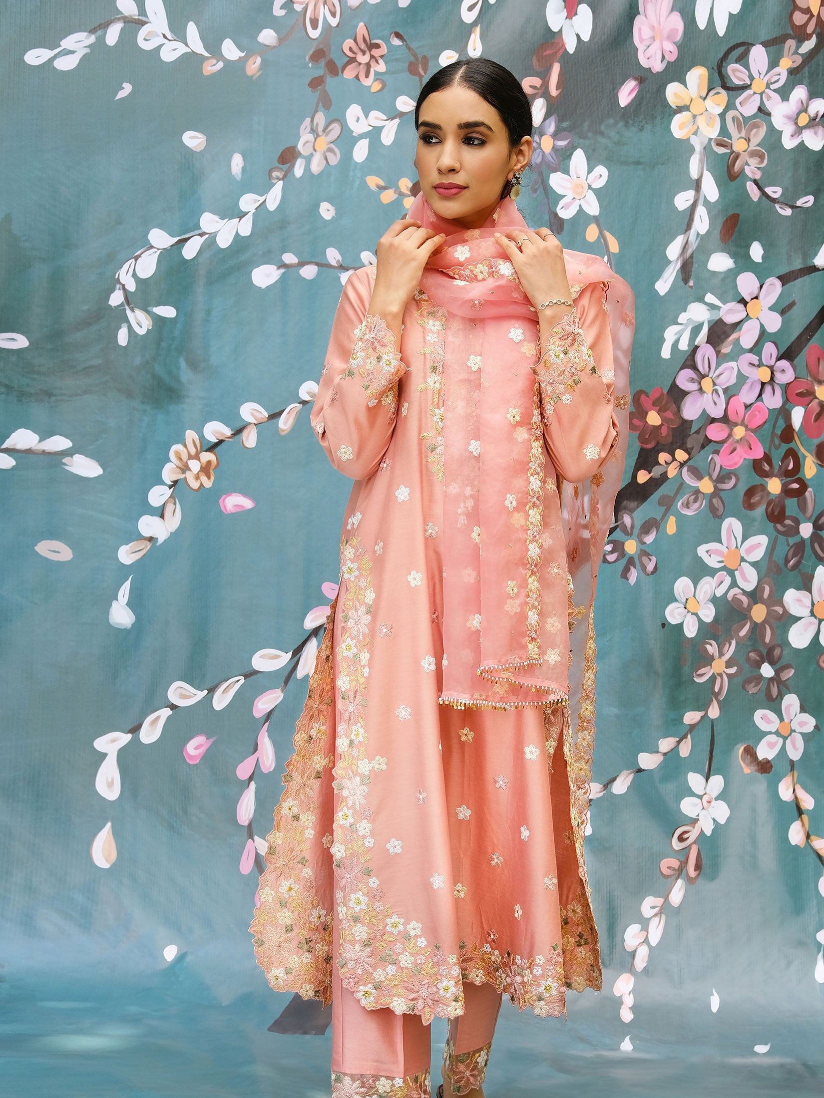 Resham and Pearl Cutwork Long Kurta With Dupatta - Onion Pink