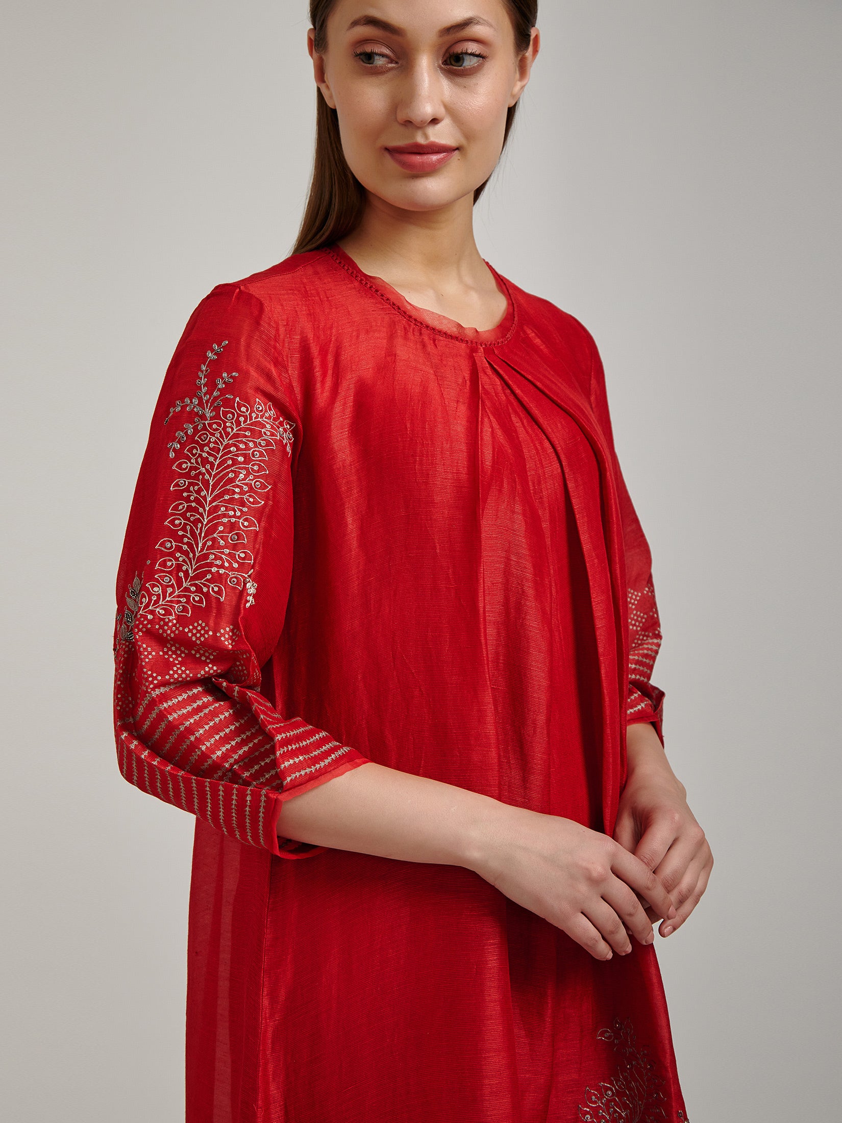 Red Linen Textured Chanderi Set