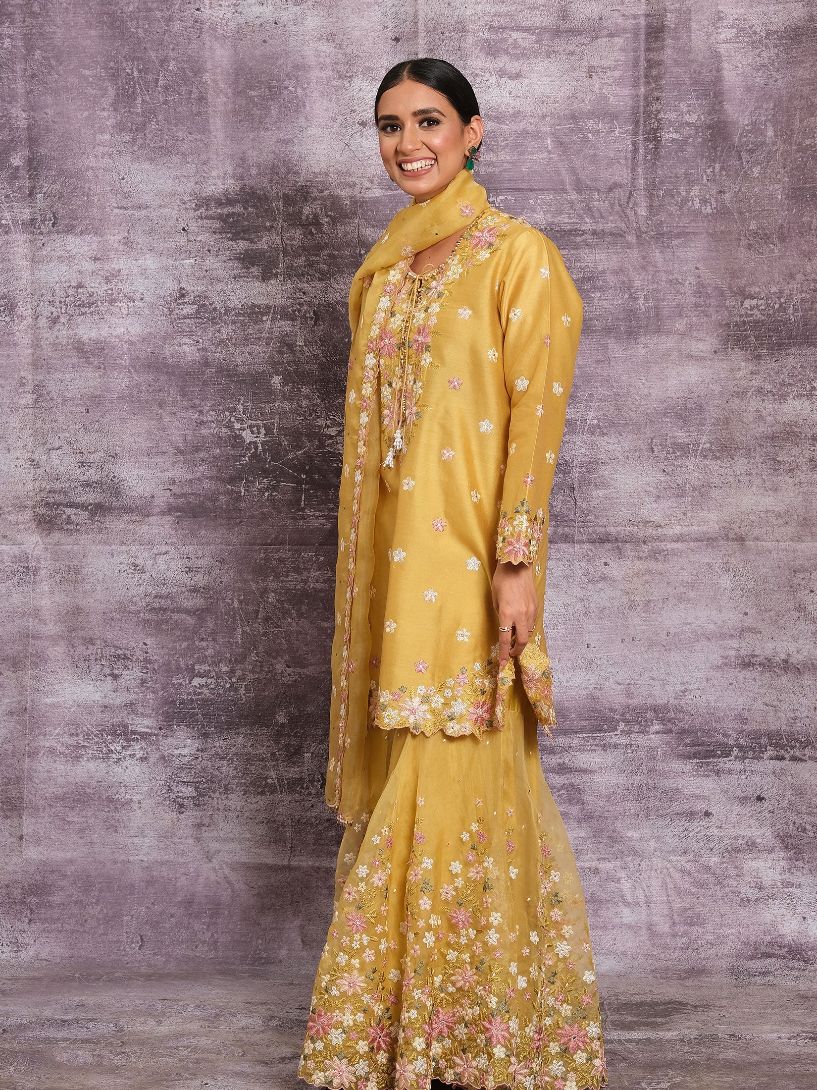 Resham and Pearl Cutwork Sharara With Dupatta - Yellow