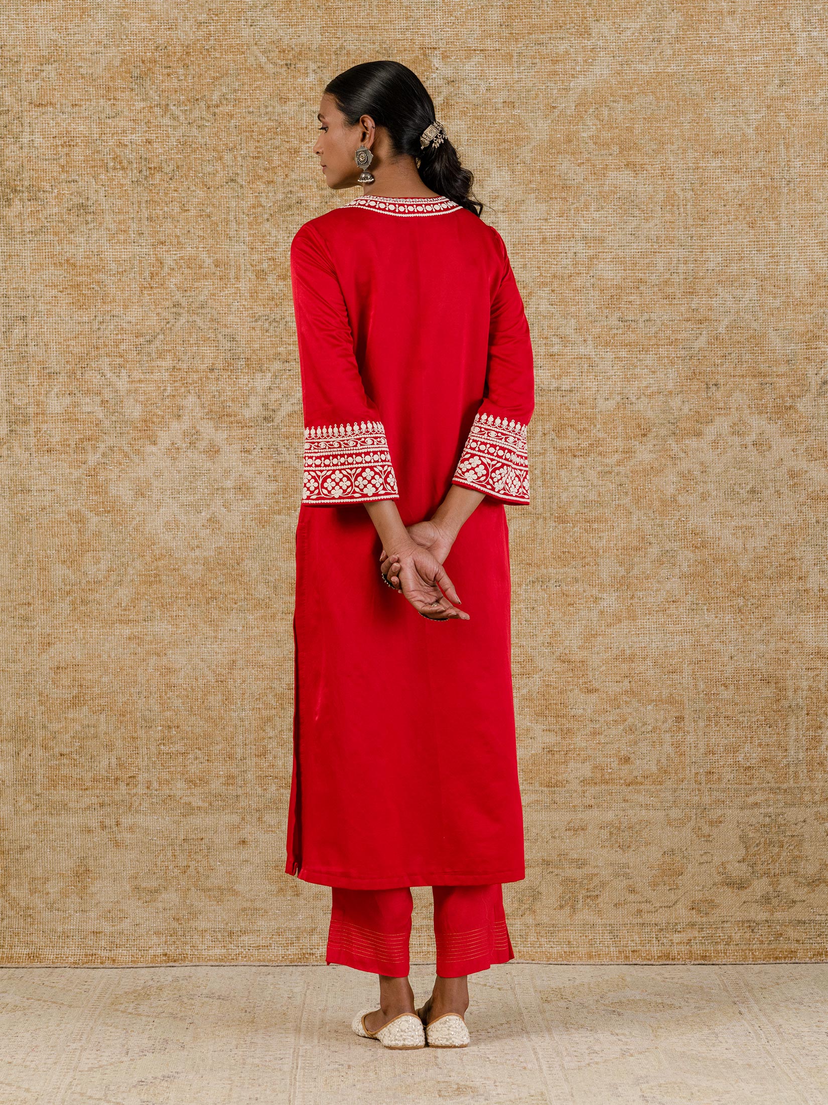 Red Cotton Silk Satin Embroidered Kurta Set