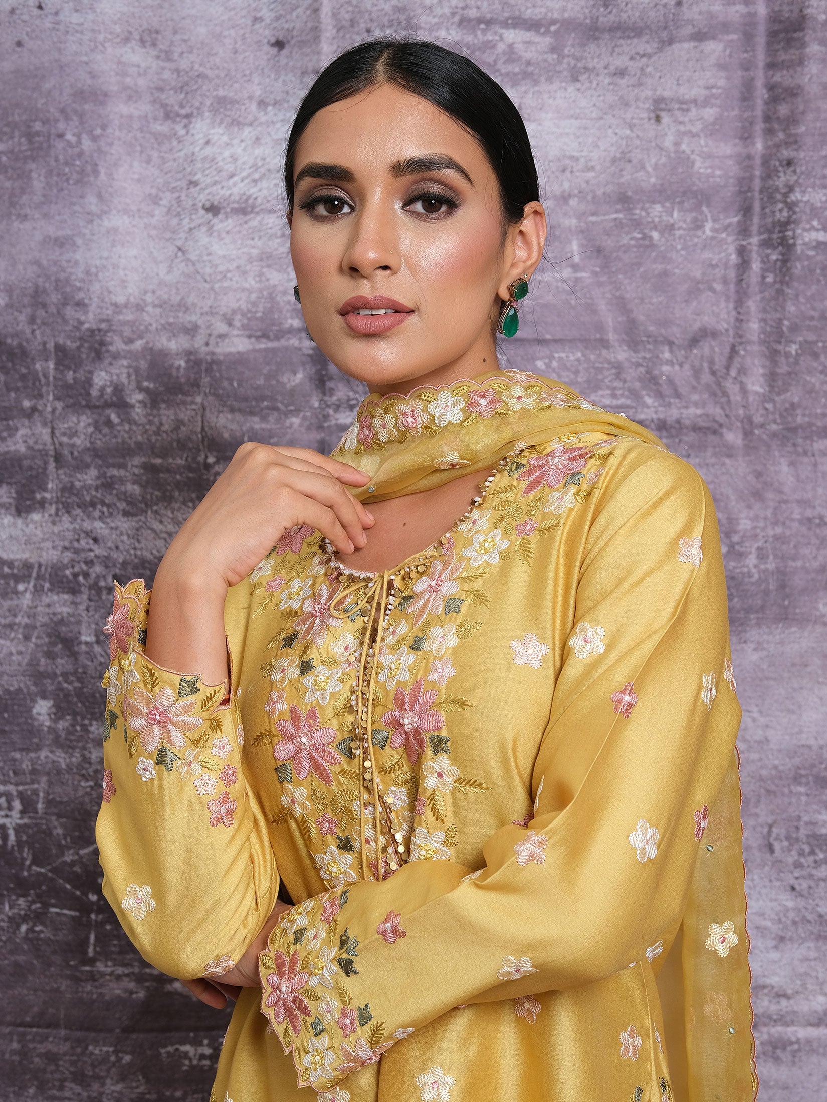 Resham and Pearl Cutwork Sharara With Dupatta - Yellow