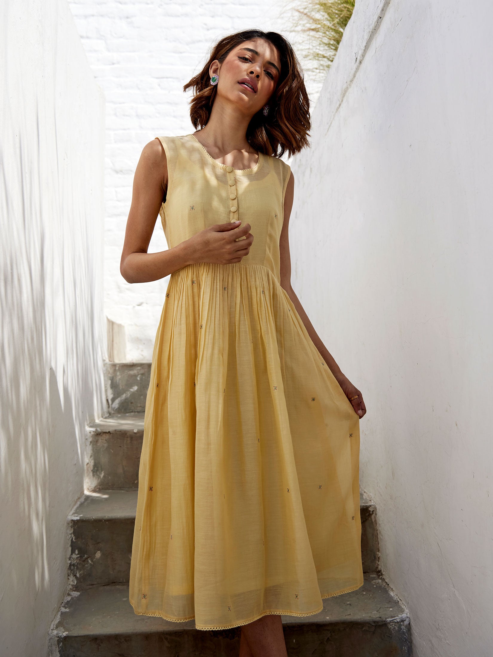Lemon Yellow Chequered Overlay Dress Set