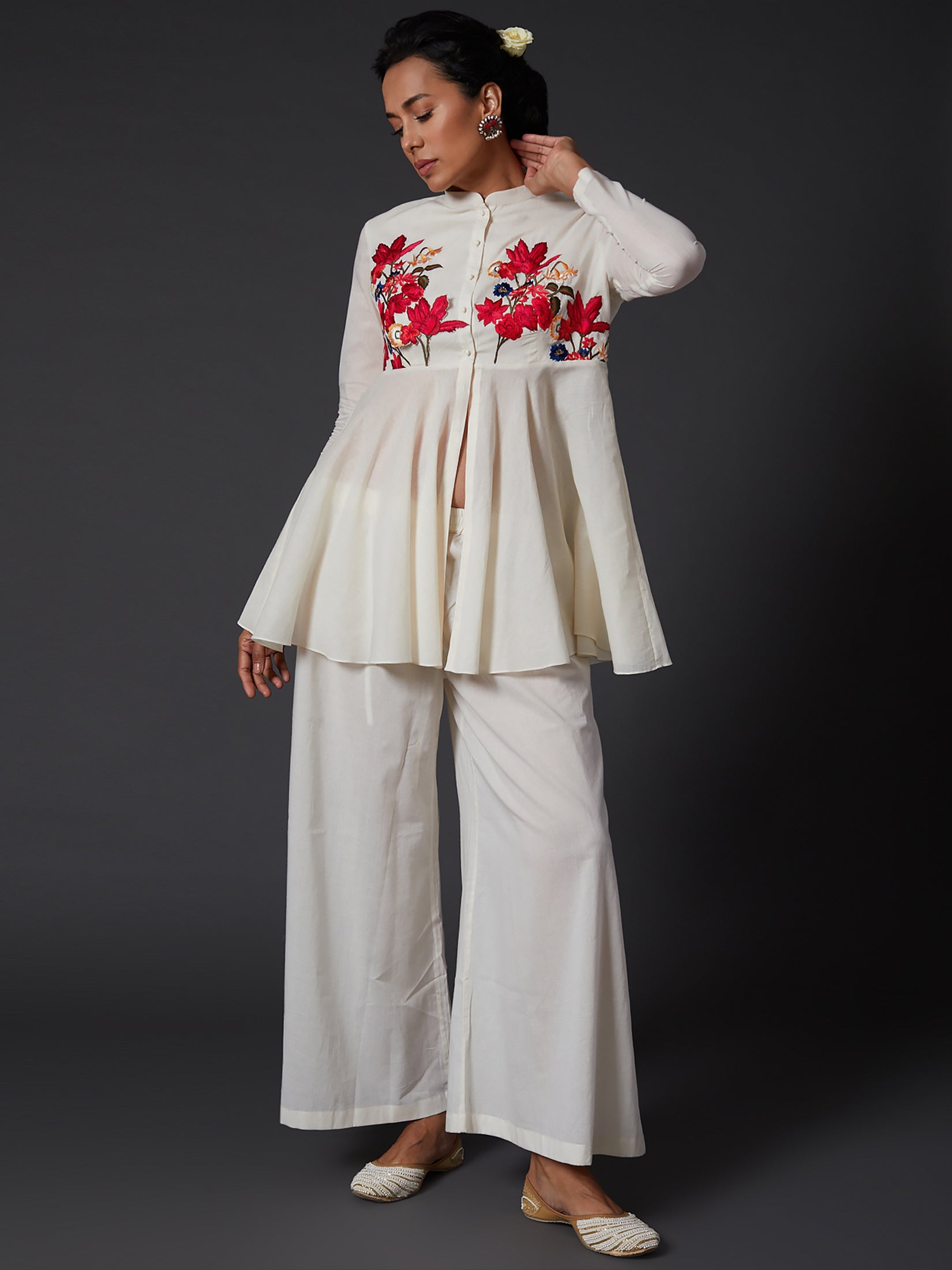 Ivory Embroidered Peplum Top With Palazzo Pants