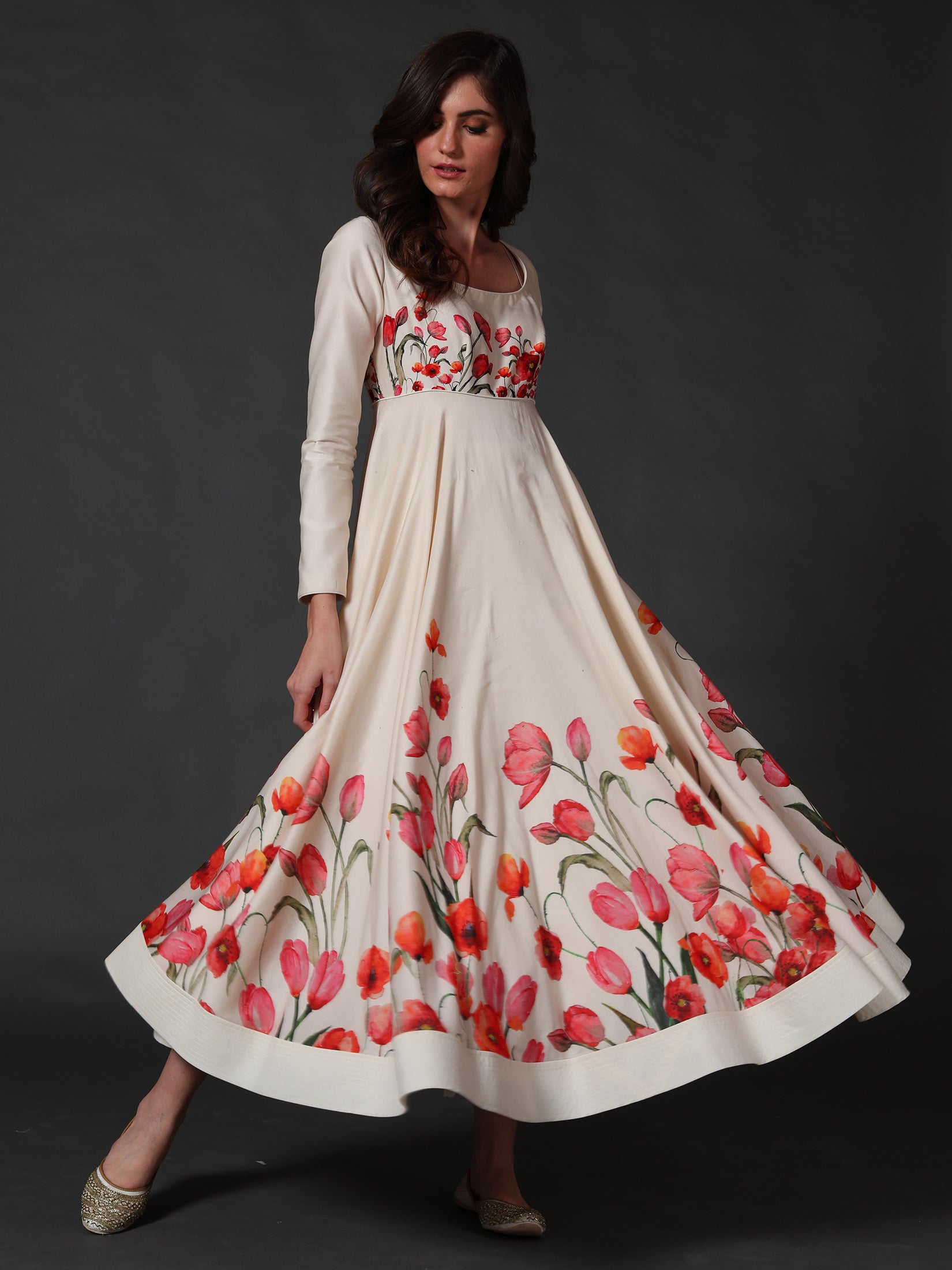 Beige and pink floral jaal printed chanderi dress by Magizham | The Secret  Label