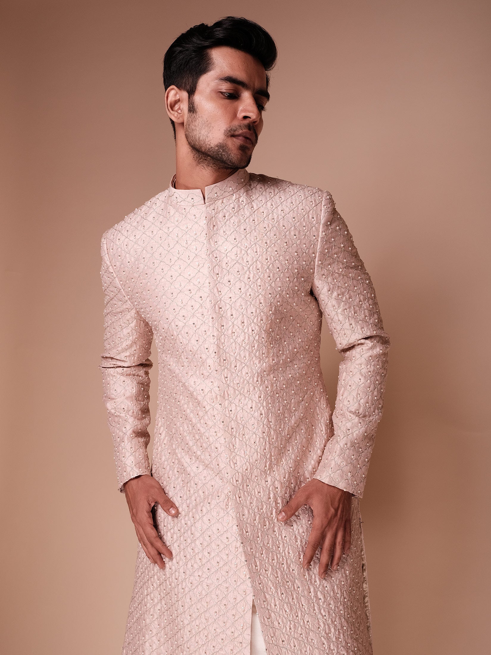 Light Pink Sherwani With Embroidered Fine Structure Jaal And Pearl Motifs Paired With Kurta And Churidar