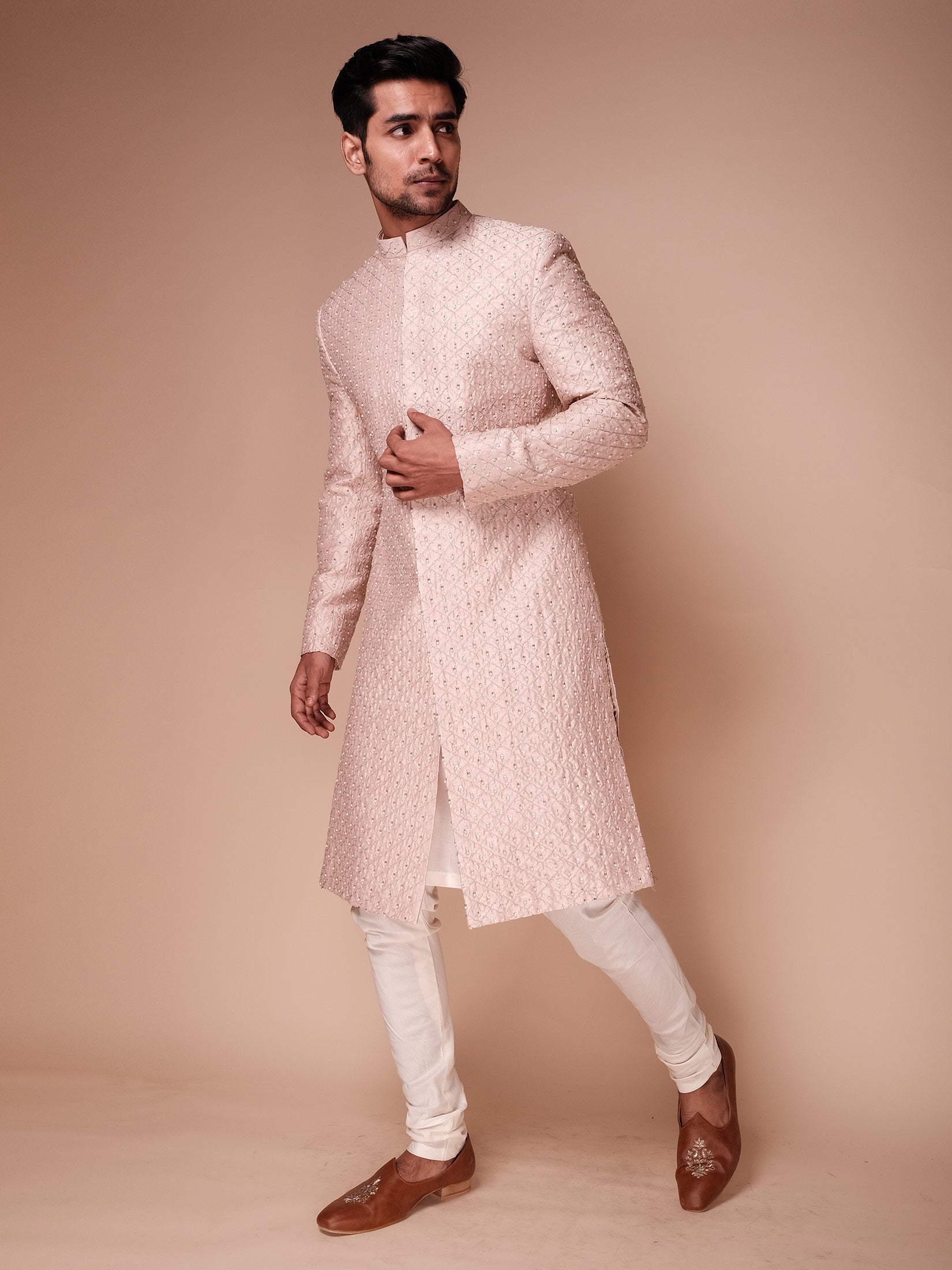 Light Pink Sherwani With Embroidered Fine Structure Jaal And Pearl Motifs Paired With Kurta And Churidar