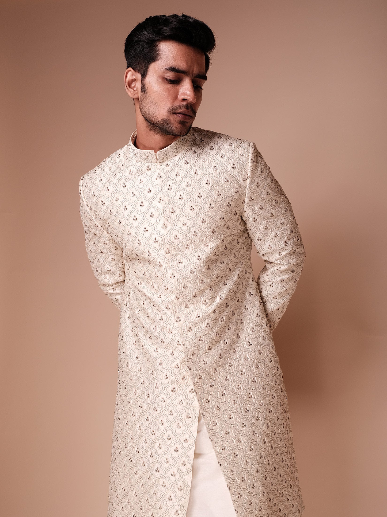 Ivory Sherwani With Embroidered Structure Jaal And Gold Clover Leaf Motifs Paired With Kurta And Churidar