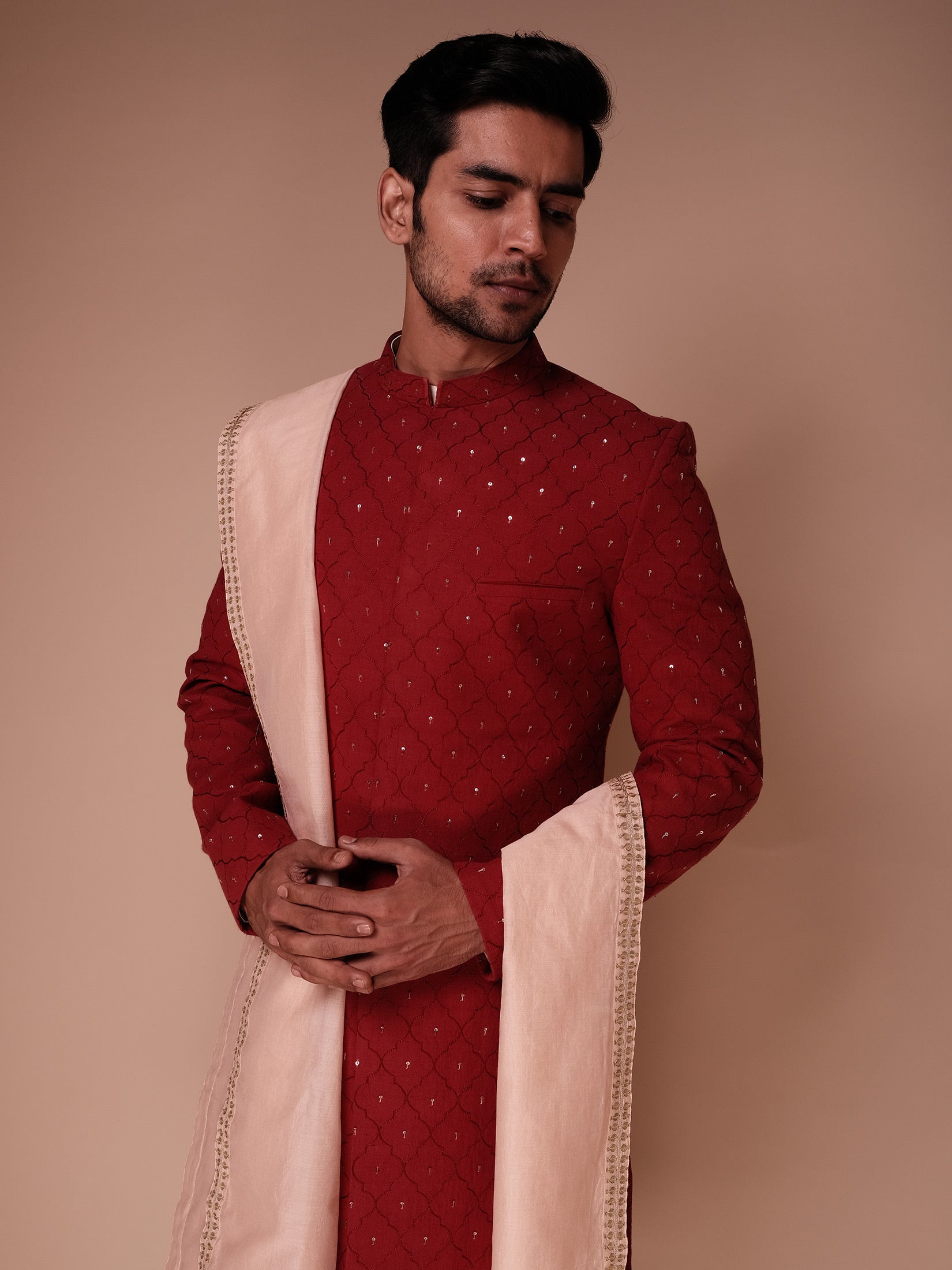 Deep Red Sherwani With Embroidered Structure Jaal And Fine Aspen Motifs Paired With Kurta,  Churidar And Dupatta