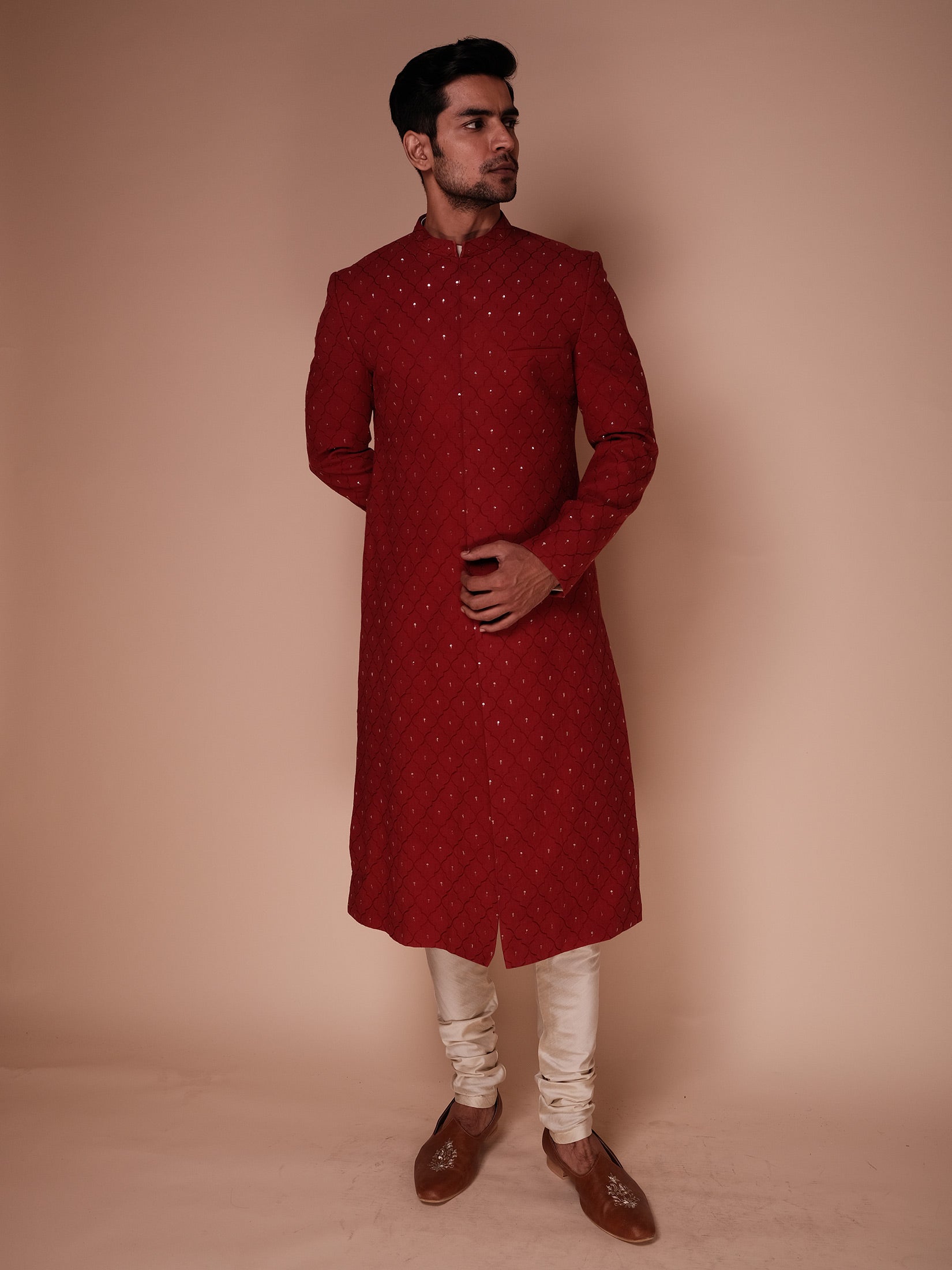 Deep Red Sherwani With Embroidered Structure Jaal And Fine Aspen Motifs Paired With Kurta And Churidar
