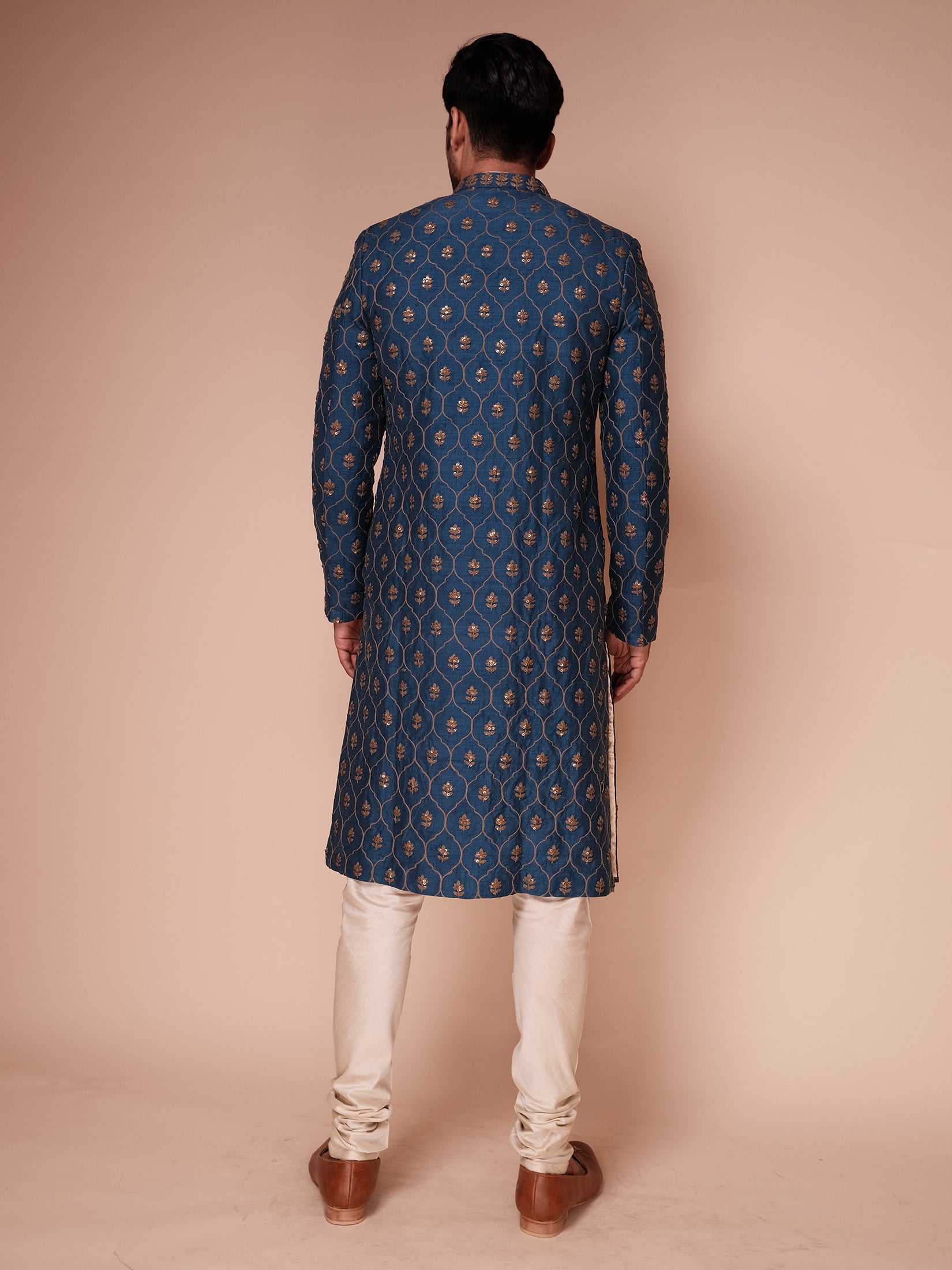 Teal Sherwani With Embroidered Structure Jaal And Water Lily Motifs Paired With Kurta And Churidar