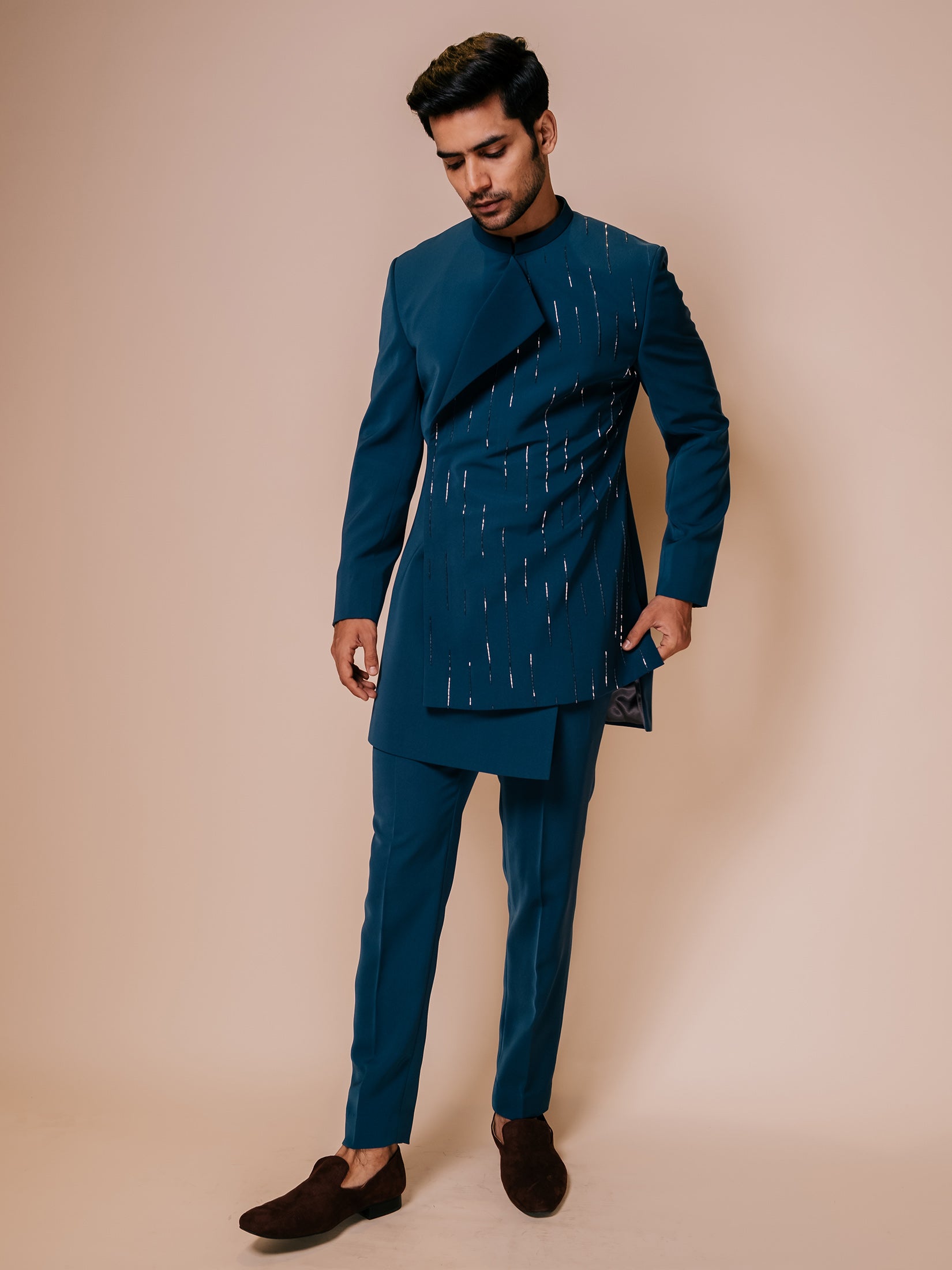 Teal Blue Embroidered Indowestern With Flap Detail And Embridered Strokes Paired With Fitted Pants