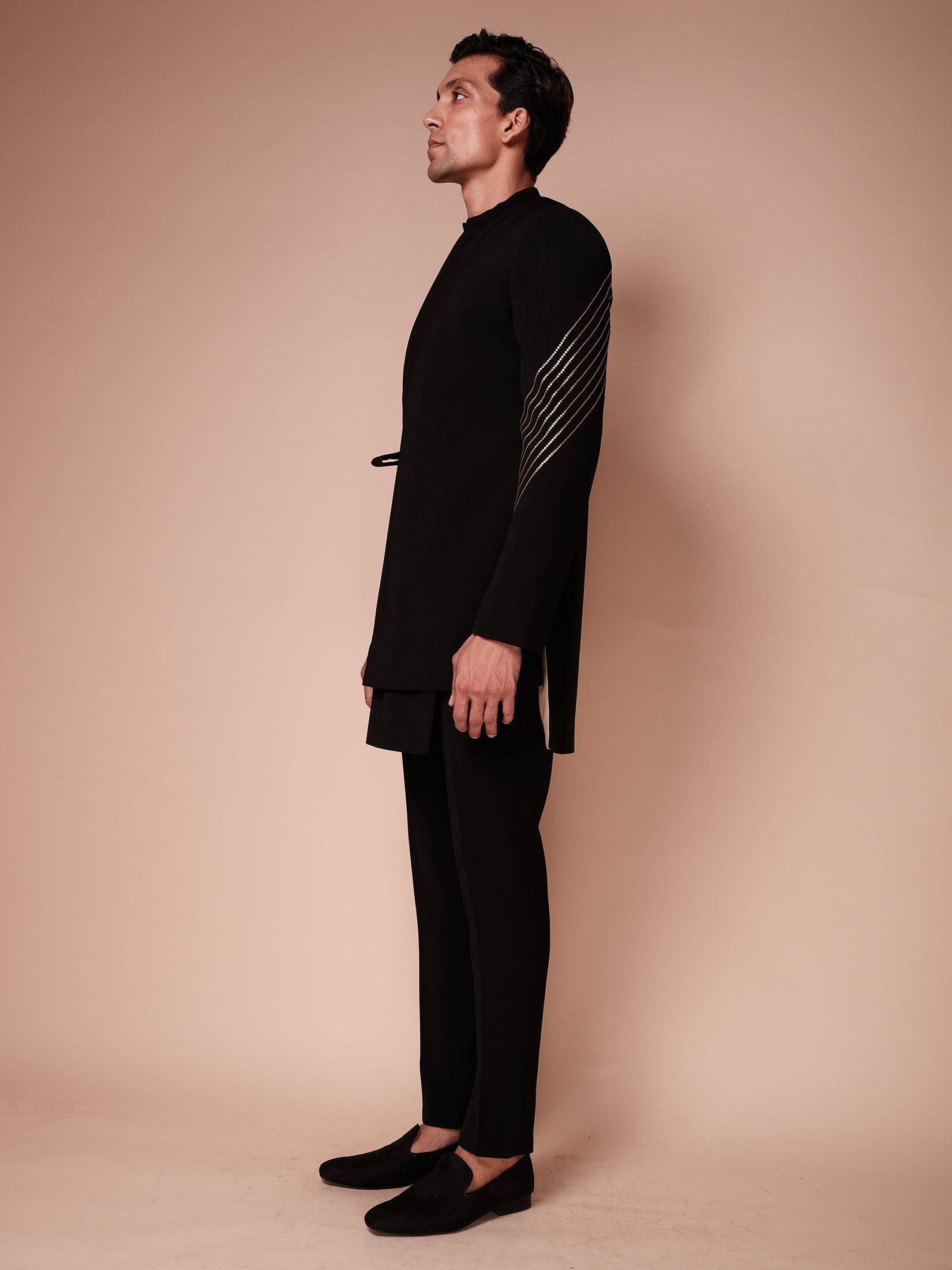 Black Indowestern With Embroidered Sleeve Lines And Tie Up Detail Paired With Fiited Pants